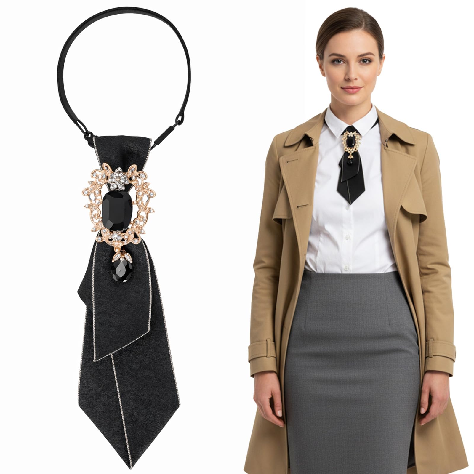 Black Tie for Women with Big Crystal, Adjustable Pre-tied Neckties for Women, Elegant Rhinestone Necktie for Formal and Casual Occasions-image-34