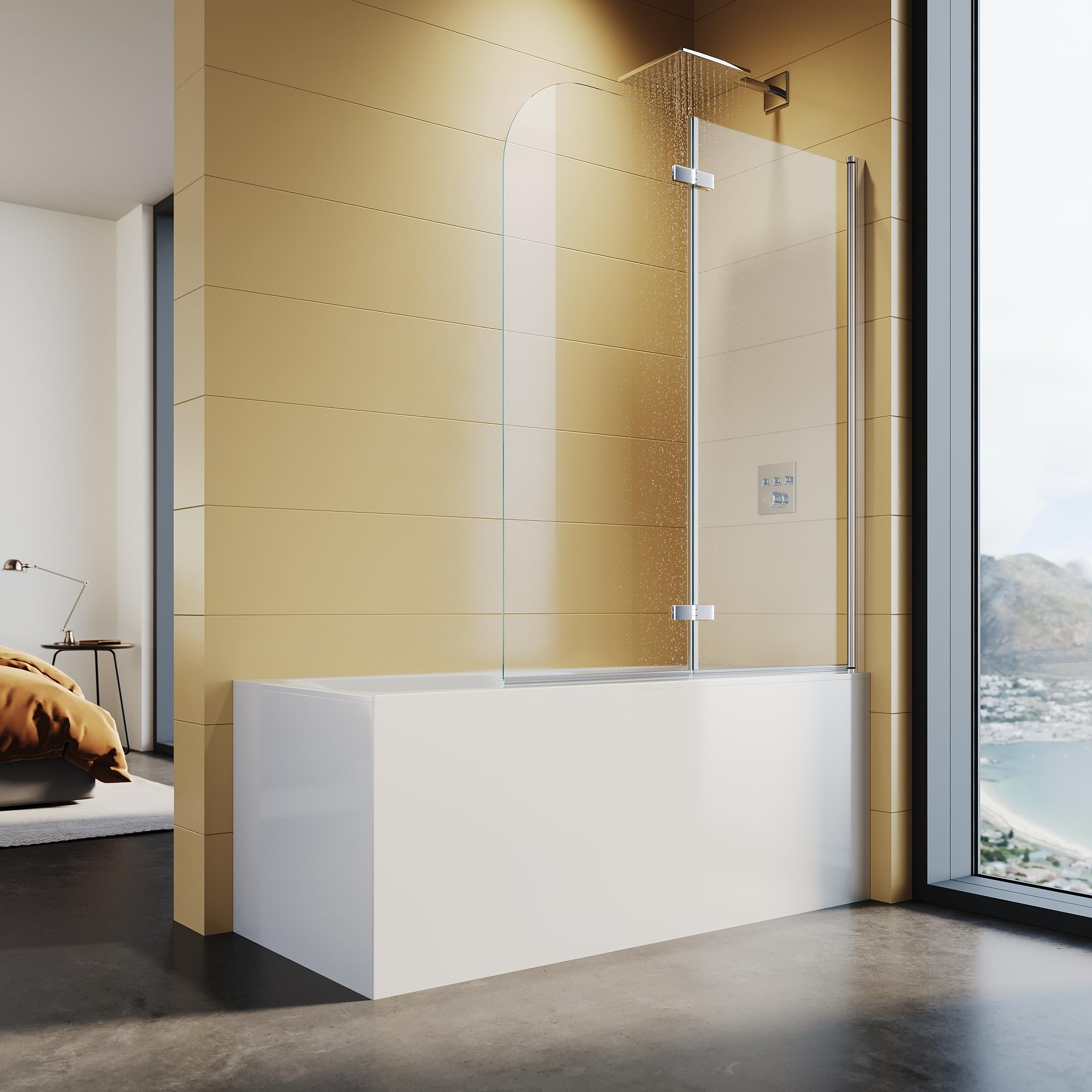 Mampara de ducha para bañera, 120 x 140 cm, 2 piezas, pared plegable de cristal de seguridad Nano ESG de 6 mm, impermeable, ahorra espacio, fácil de montar