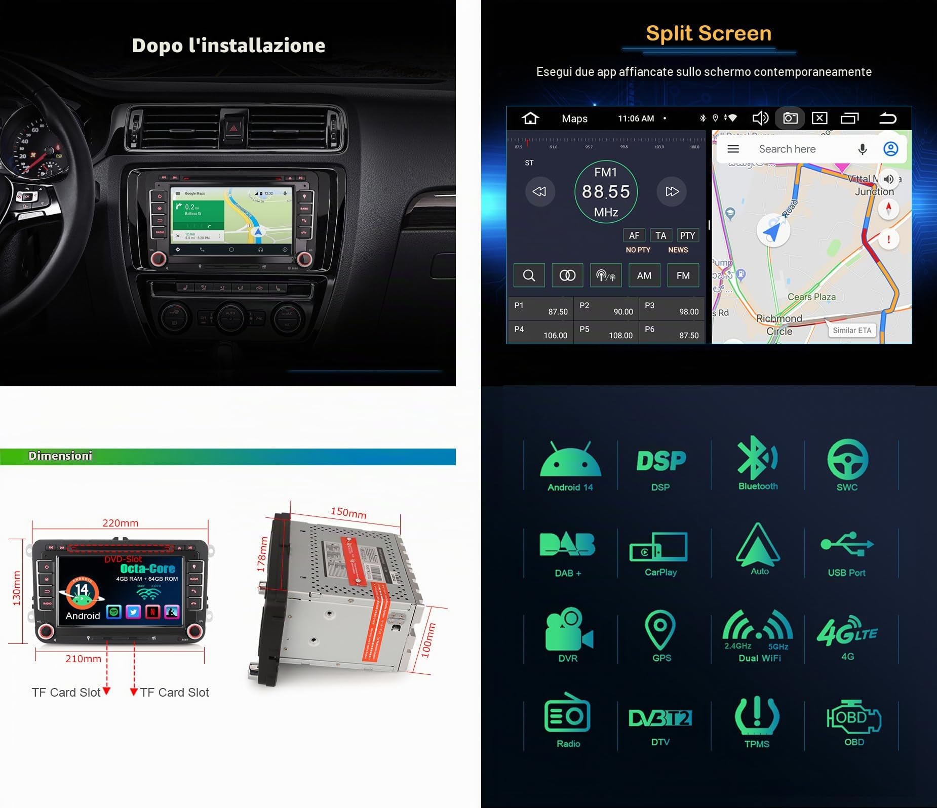 Erisin 7" 8-Core 4GB+64GB Android 14 Autoradio 2 Din GPS Navigatore per VW Polo 6R Golf 5 Golf 6 T5 Passat B6 Jetta Tiguan Seat Leon Skoda CarPlay Android Auto WiFi 4G DSP RDS DAB+ CD DVD Canbus OPS
