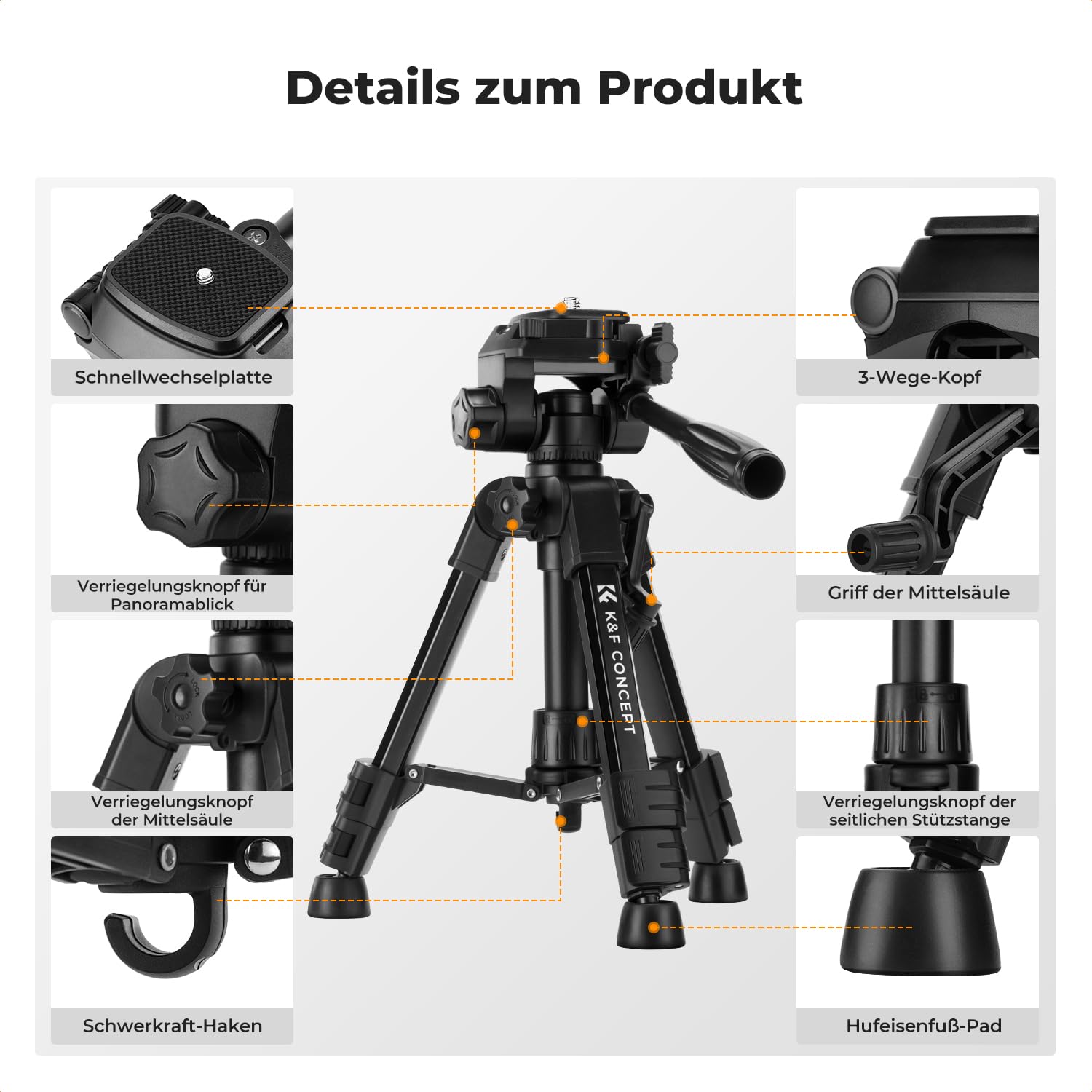 K&F CONCEPT Mini Tischkamerastativ, S233A0 63cm Kamera Stativ mit Fernbedienung, klein und tragbar für DSLR-Kameras, Camcorder, Smartphone, Projektoren und Teleskope | Tragbares Aluminium-Stativ für DSLR-Kameras, leichtes Video-Stativ für Reisen. Maximale