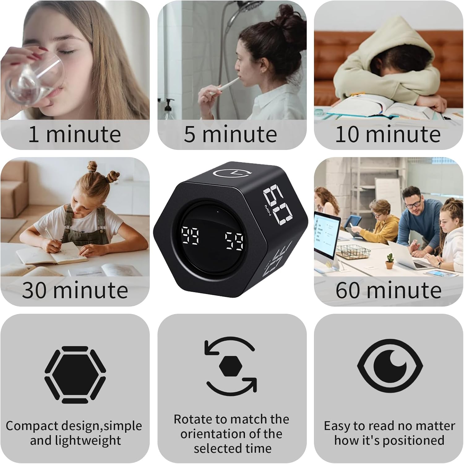 Productivity Timer Flip Gravity Sensor Cube Timer Countdown & Countup,Mute & Vibrate & Sound，5/10/30/60min & Custom Timing, Perfect for ADHD,Work,Learning,Kitchen Cooking (2, Black Hexagon)