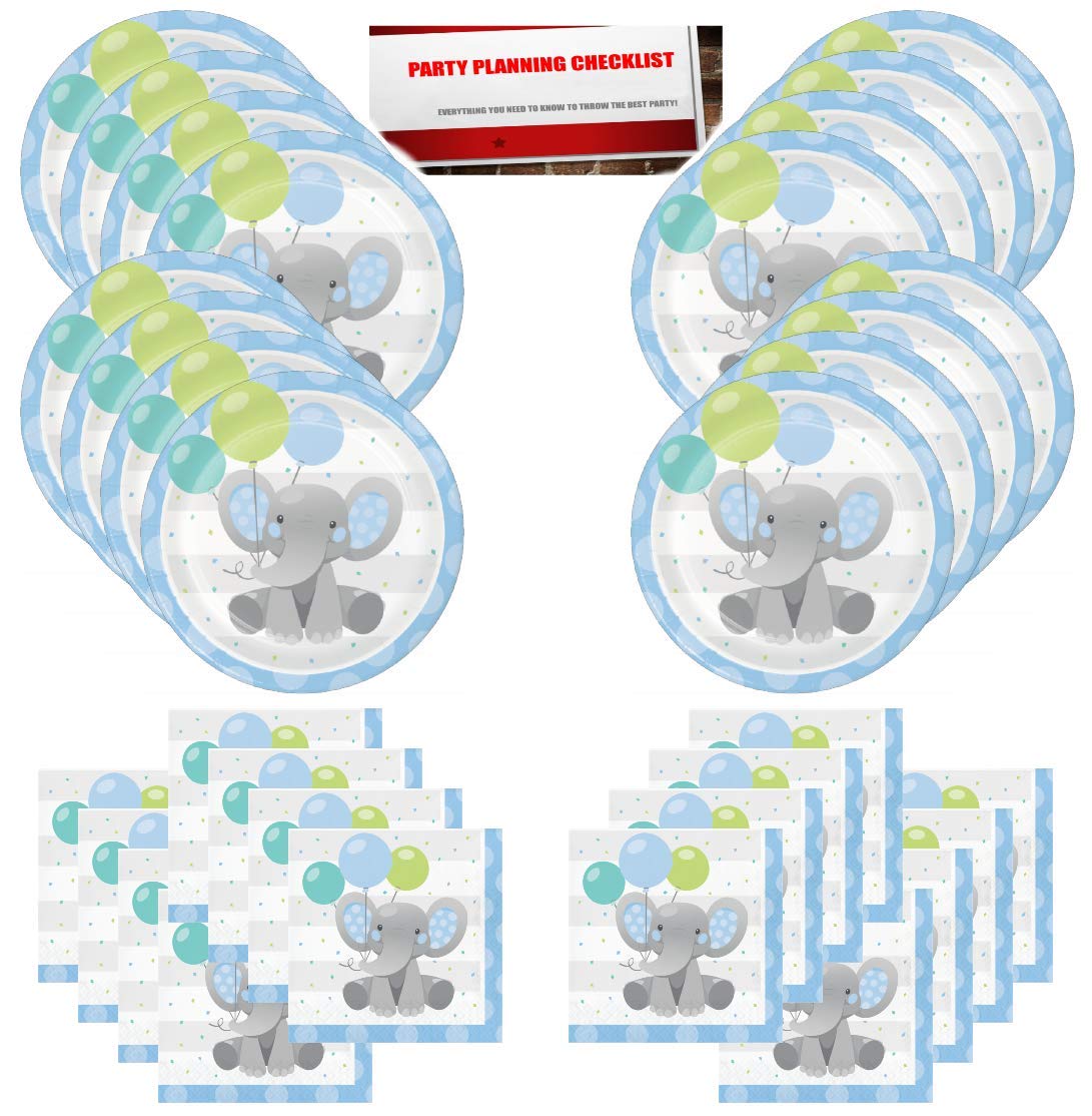 Boy Blue Baby Elephant Balloons Party Supplies Bundle Pack for 16 Guests (Plus Party Planning Checklist by Mikes Super Store)