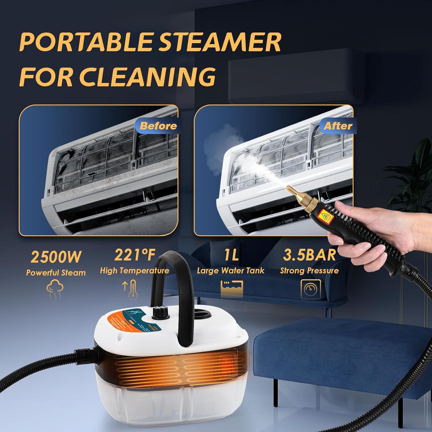 2500W Handheld Steam Cleaner, Pressurized Steam Cleaning Machine with 3 Brush Heads, 20s Heat Up, 1L Tank, Multipurpose Mini Portable Steamer for Tile, Grout, Furniture, Kitchen, Car, Home - Image 2