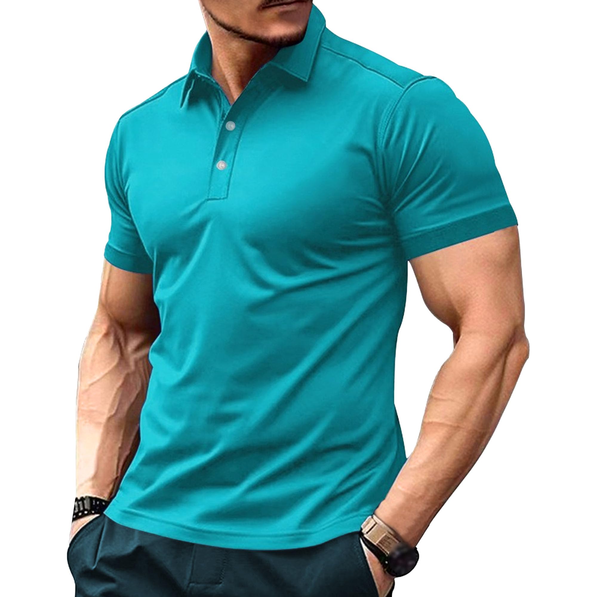 Men Lapel Collar Outdoor Sport Shirts Solid Thin Slim Fitness Polo Shirt Summer Simple Urban Style Pullover Tops (Light Blue,Medium)