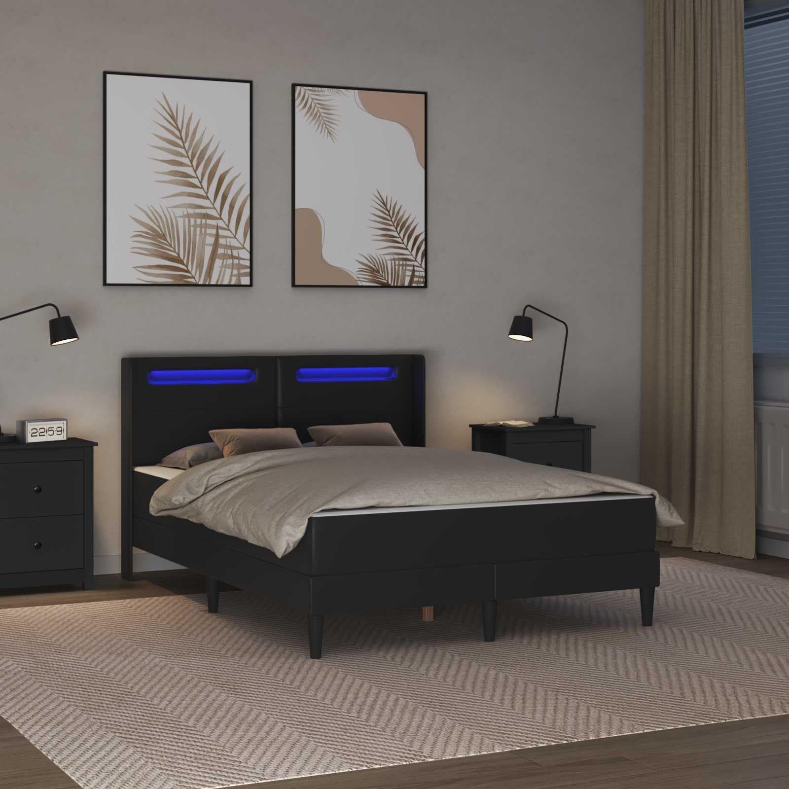 Rama łóżka z materacem, czarna, 160 x 200 cm, sztuczna skóra, stabilny mebel do spania z oświetleniem LED, złącze USB, ergonomiczny materac ze sprężynami kieszeniowymi, stelaż pod materac