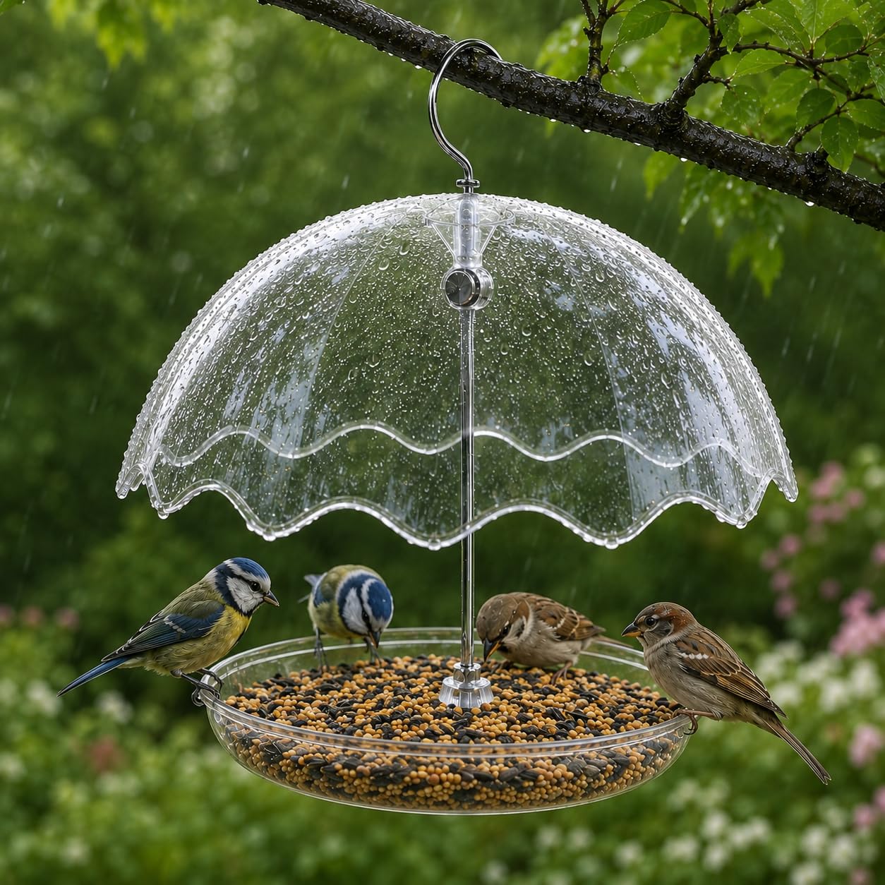 Hanging Platform Bird Feeder with Rain Shield, Adjustable Large Capacity Hanging Bird Feeder Tray with Clear Dome for Wild Birds, Garden Porch Balcony
