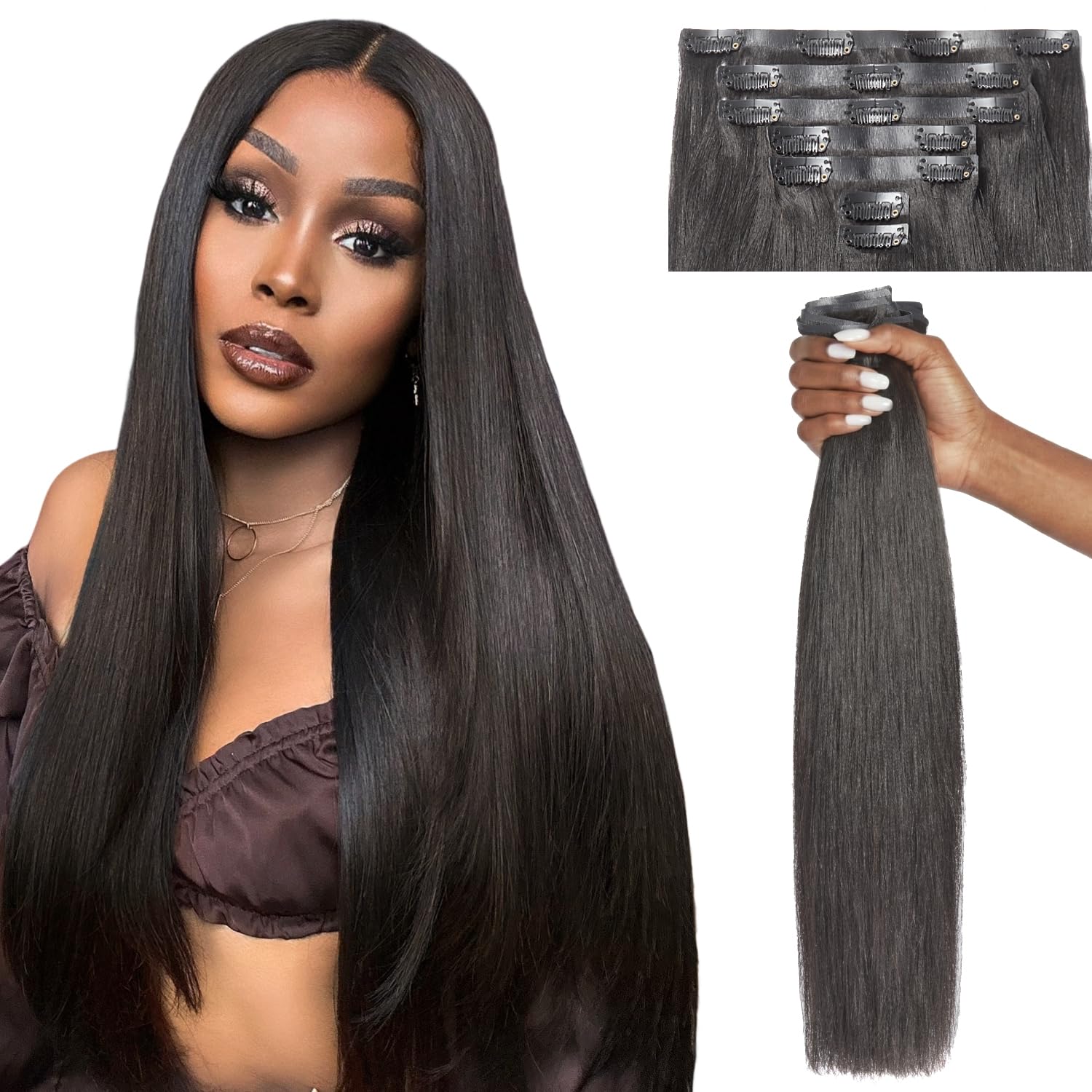 LUVME Yaki Straight Clip in Hair Extensions Real Human Hair For Women 100% Unprocessed Brazilian Virgin Hair clip ins Natural Black Hair Extensions