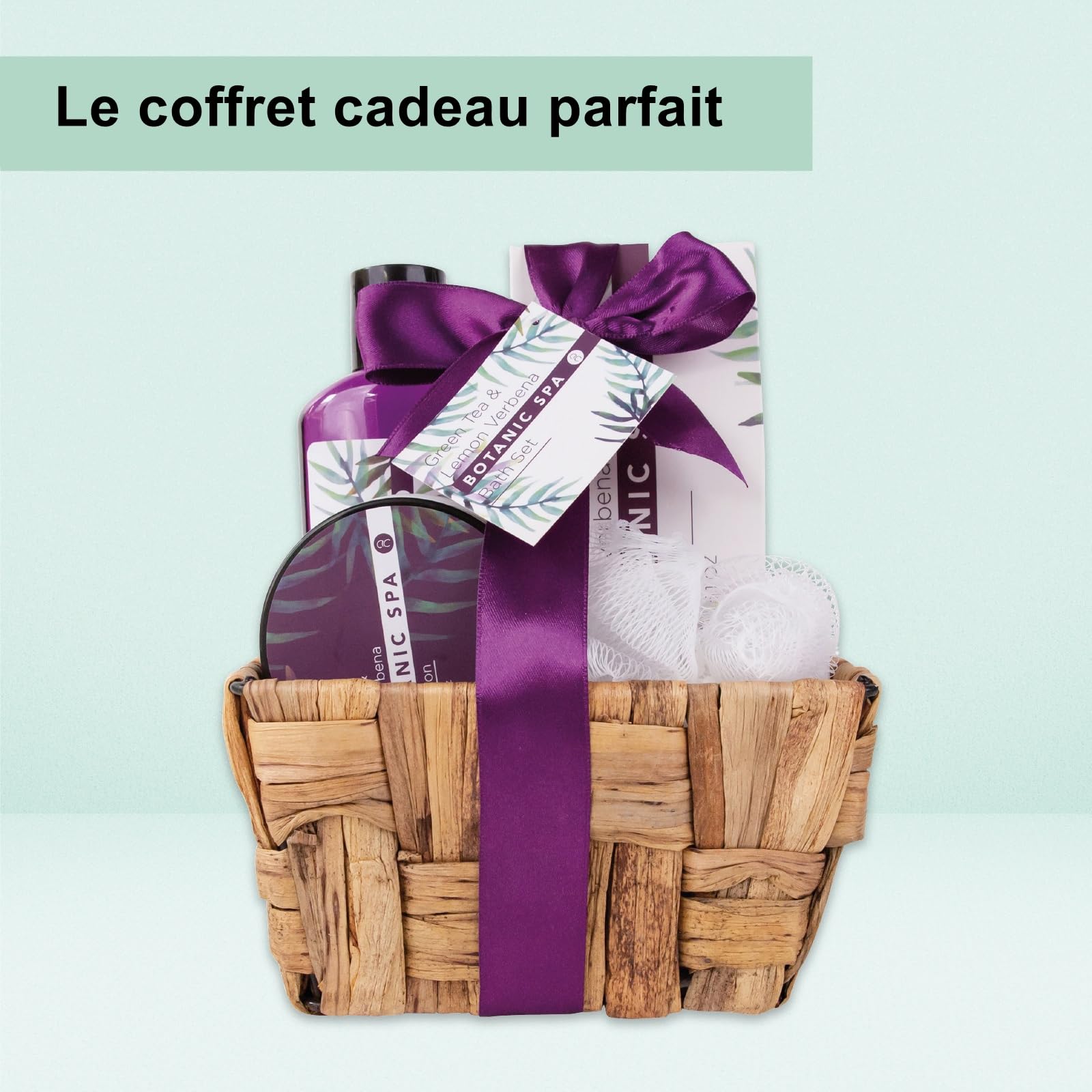 Accentra - Set de bain femme Botanic SPA dans corbeille - Kit soins 4 pcs avec gel douche, sel de bain, lotion pour corps & éponge maillée - Ensemble cadeau Wellness pour anniversaire, Saint-Valentin