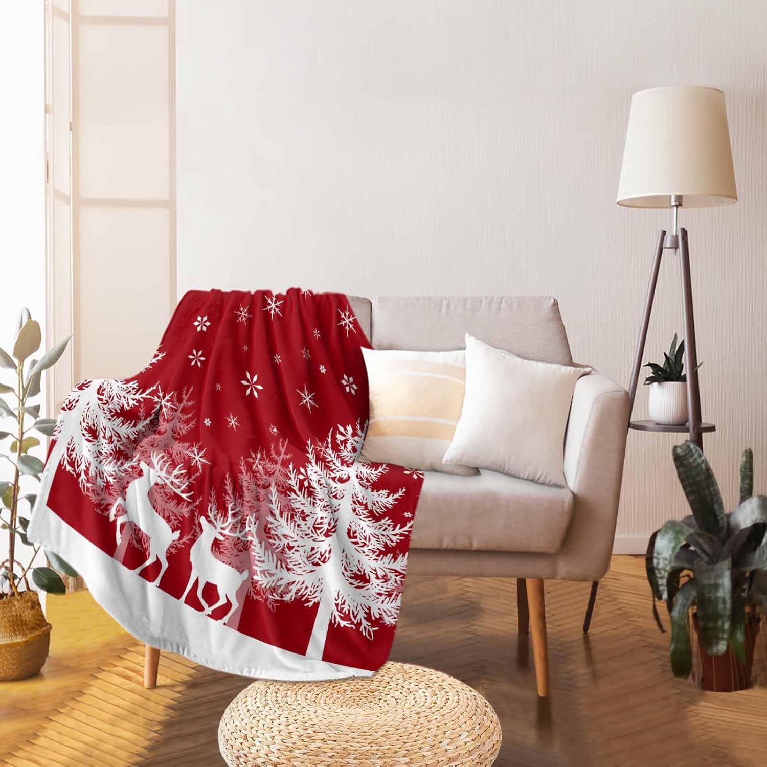 Fuzzy Fleece Throw Blanket, Lightweight Christmas Winter Snowflake Tree Elk Red Super Soft Flannel Bed Blankets, Reversible Plush Sherpa Blankets for Couch, Bed, Sofa for Christmas Decor 39"x59"