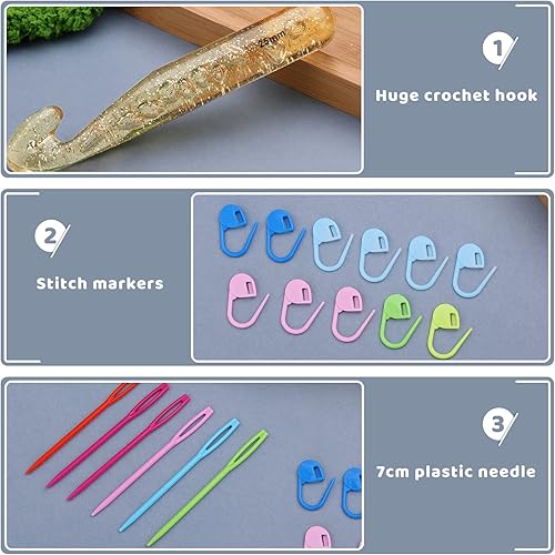 Miniatura 4 de Mayboos Gancho de ganchillo enorme de 0.984 in, agujas de ganchillo de hilo grande, mango de plástico extra largo de gran tamaño con 10 marcadores