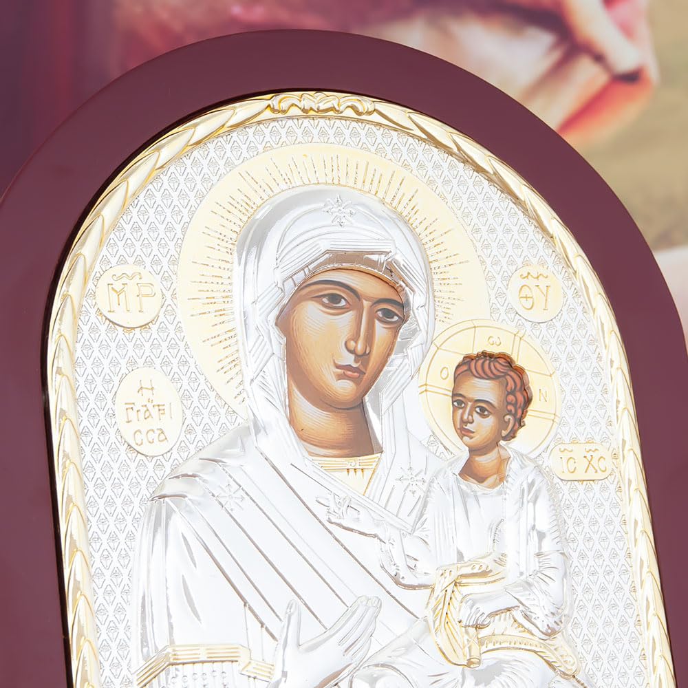 Icona ortodossa della Vergine Maria e Gesù Bambino, placcata in argento e oro, perfetta per la casa o la chiesa (rosso)