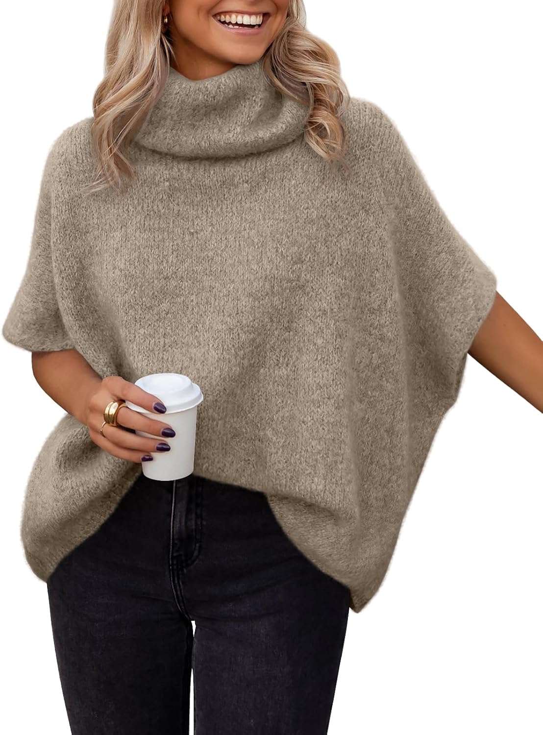 LILLUSORY Women's Mock Turtleneck Oversized Sweaters Cozy Short Batwing Sleeves Tops Fall Winter Loose Fit Chunky Clothes