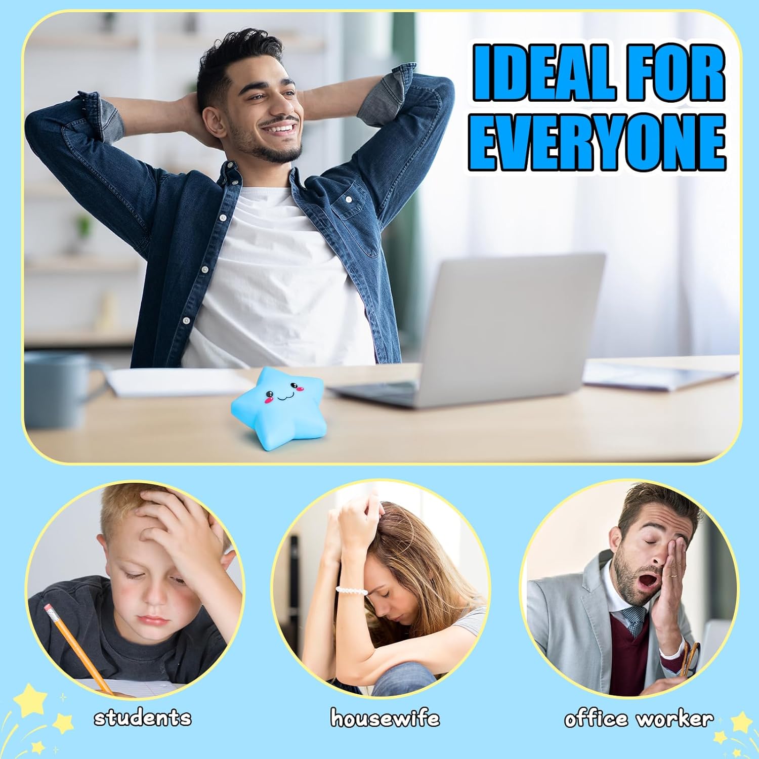 Star Squishy Toys for Kids and Adults, Smile Star Squishies Stress Balls for Stress Relief, Squeeze Toys, Sensory Fidget Toys for Classroom and School Gift , Cute Stretchy Dough Squishy Ball (Blue)
