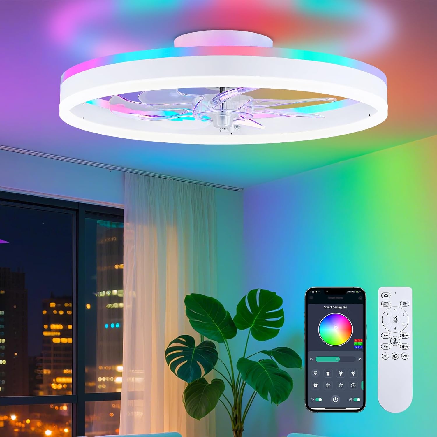 STERREN 15.7" RGB Ceiling Fan with Light, Modern Flush Mount Bladeless Ceiling Fans, Low Profile Ceiling Fan with Remote,Small White Fandelier Chandelier for Bedroom Living Room RGB White 15.7 inch