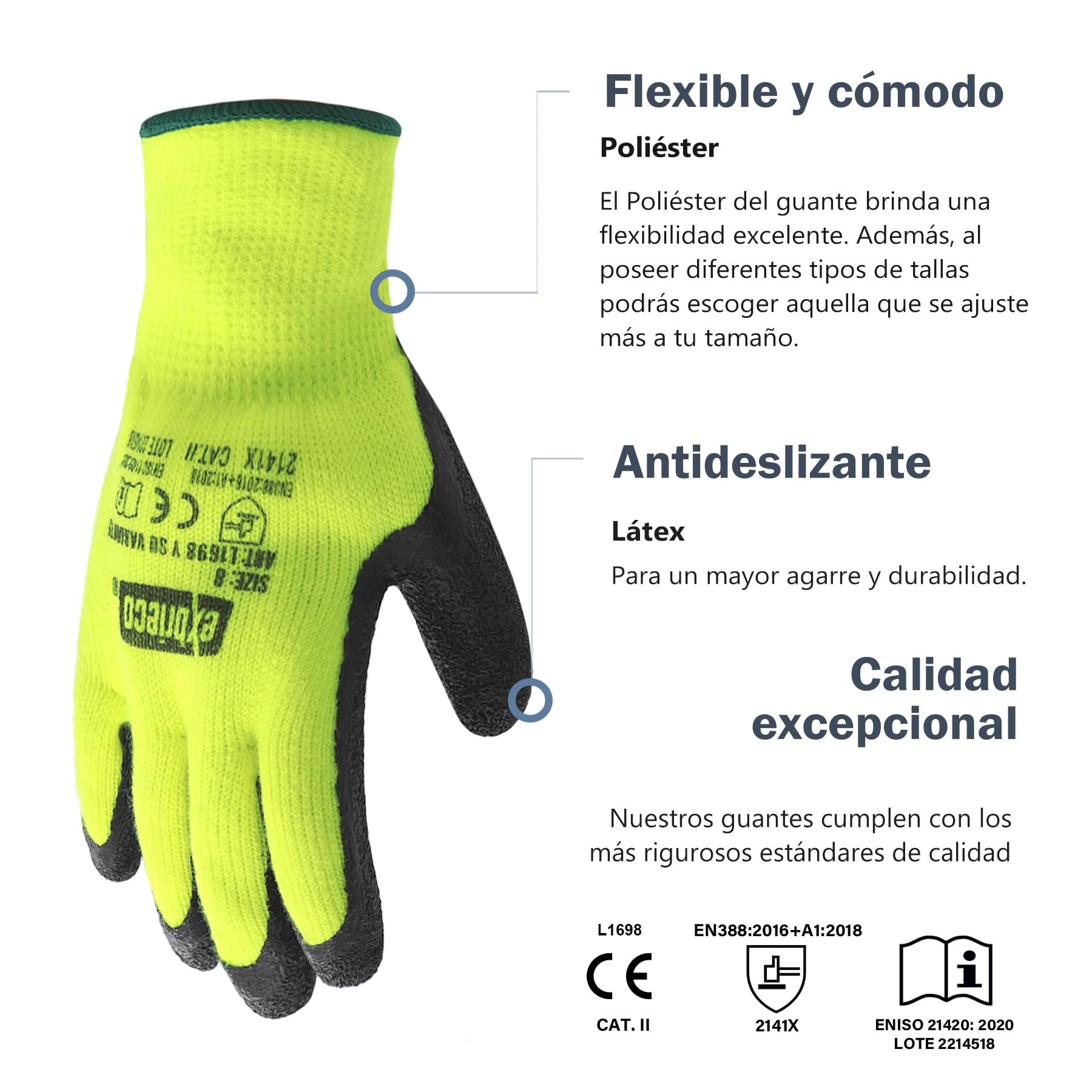 Guantes con CAT 2 de Protección Ideales para Fontanería, Mecánica, Almacén, Manejo de Cajas, Guantes de trabajo Antideslizantes en Poliéster y Látex, Duraderos, Cómodos y Ligeros.