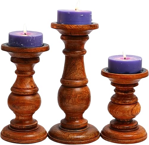 Miniatura 11 de Juego de 3 portavelas para velas de pilar, portavelas de madera de granja, hecho a mano para Homedecor, centro de mesa, soporte de vela de madera