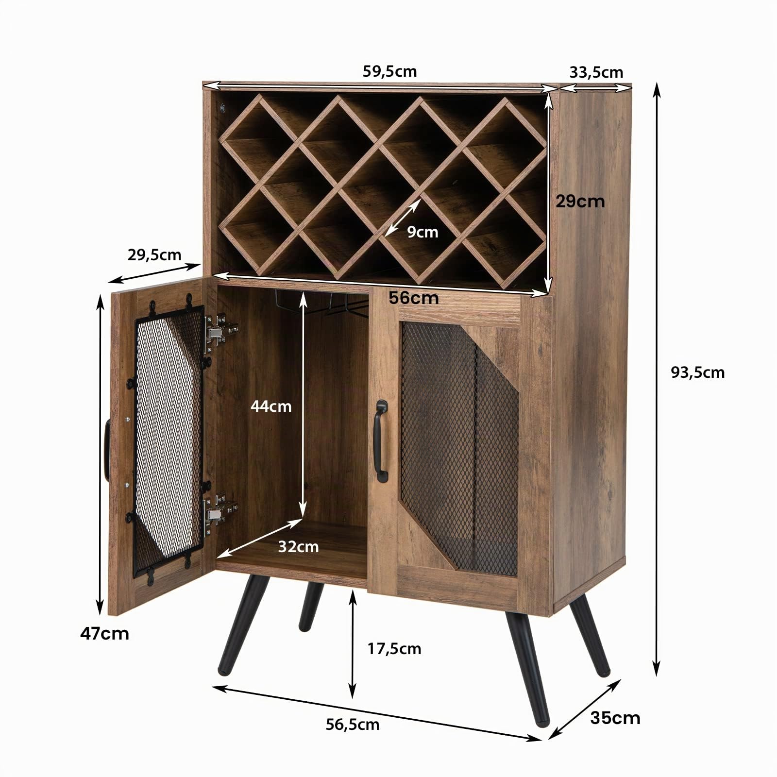 COSTWAY Buffet Cuisine avec Porte-Bouteilles Amovible pour 11 Bouteilles, Porte-Verres, Placard 2 Portes, Meuble Range Bibliothèque Anti-Bascule pour Cuisine, Salle à Manger, Salon, Brun Rustique
