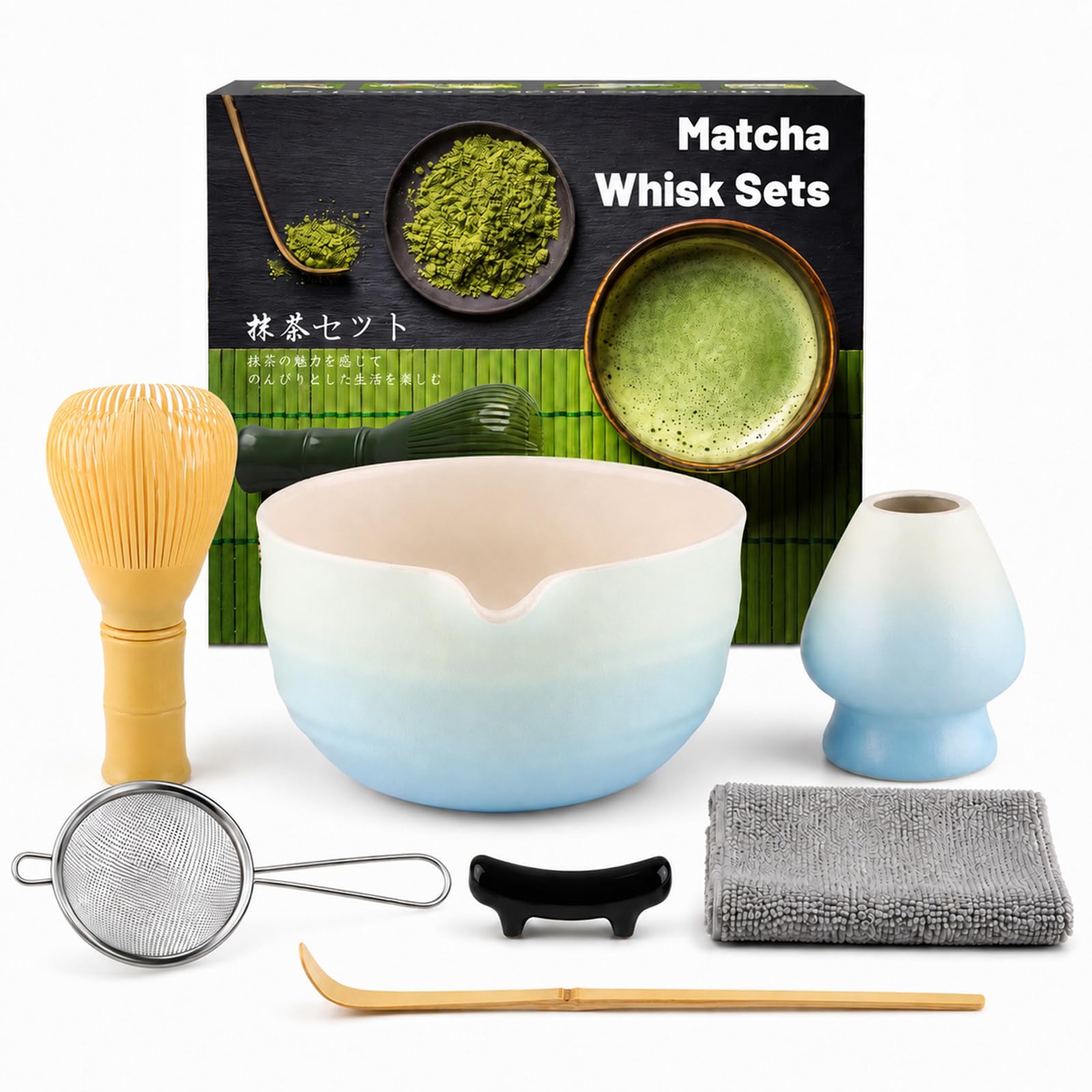 Lafefe Matcha Set, 7PCS Ceramic Matcha Kit with Pouring Spout Bowl, Yellow Matcha Whisk, Sieve, Holder & Spoon, Japanese Tea Ceremony Tools for Matcha Latte Making & Gift (Gradient Blue)