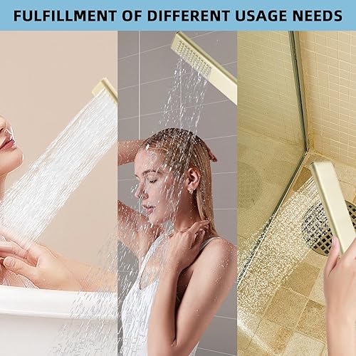 Miniatura 9 de Cabezal de ducha de mano de latón macizo, diseño de arco, varita de ducha de mano dorada cepillada de alta presión con conector de pared de codo de