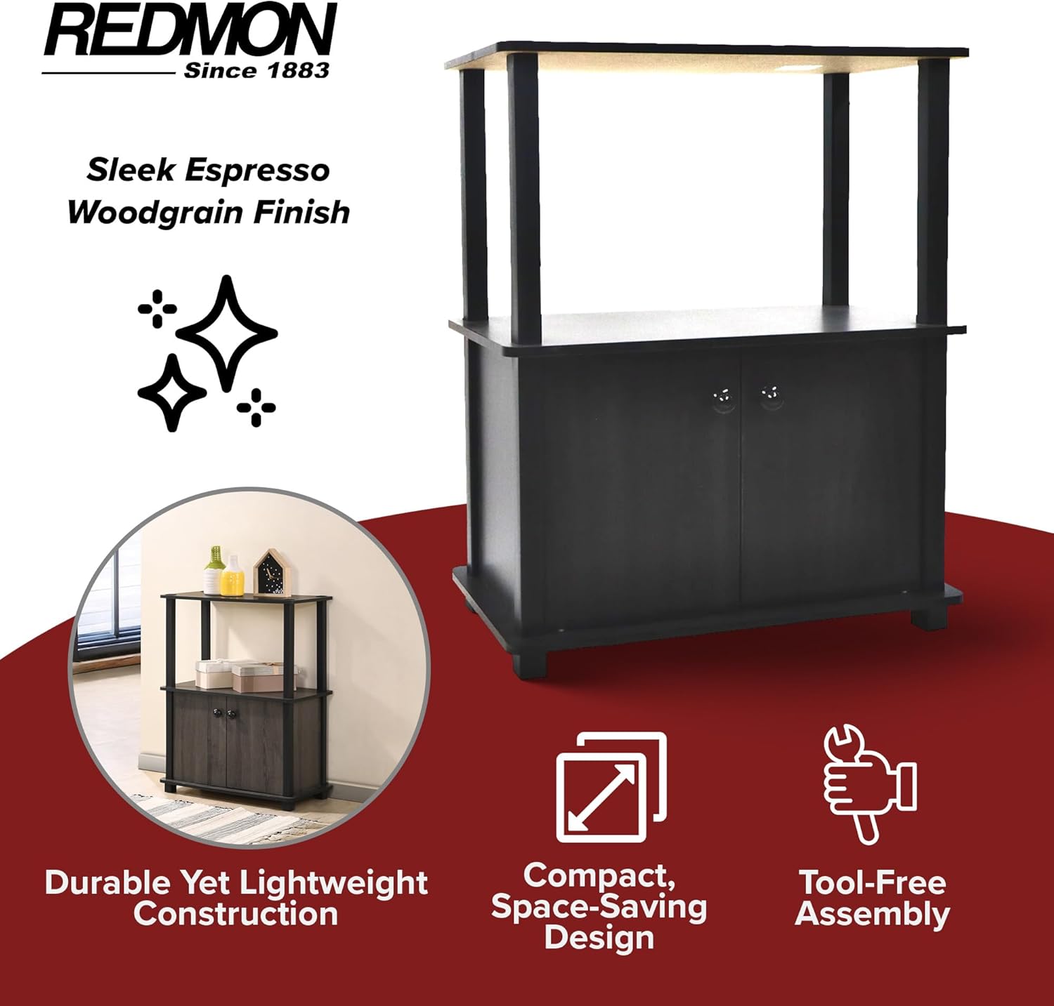 Freestanding Three Shelf Double Door Storage Floor Cabinet, Multi Room Use, Espresso Woodgrain Finish, No Tools Required, 23.75 Inch Width x 11.75 Inch Depth x 29.75 Inch Height