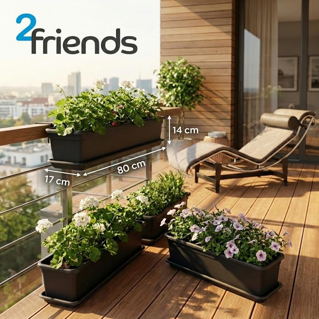 SUSTANIA 2friends Lot de 6 jardinières de balcon 80 cm avec soucoupe, en plastique, fabrication européenne, anthracite
