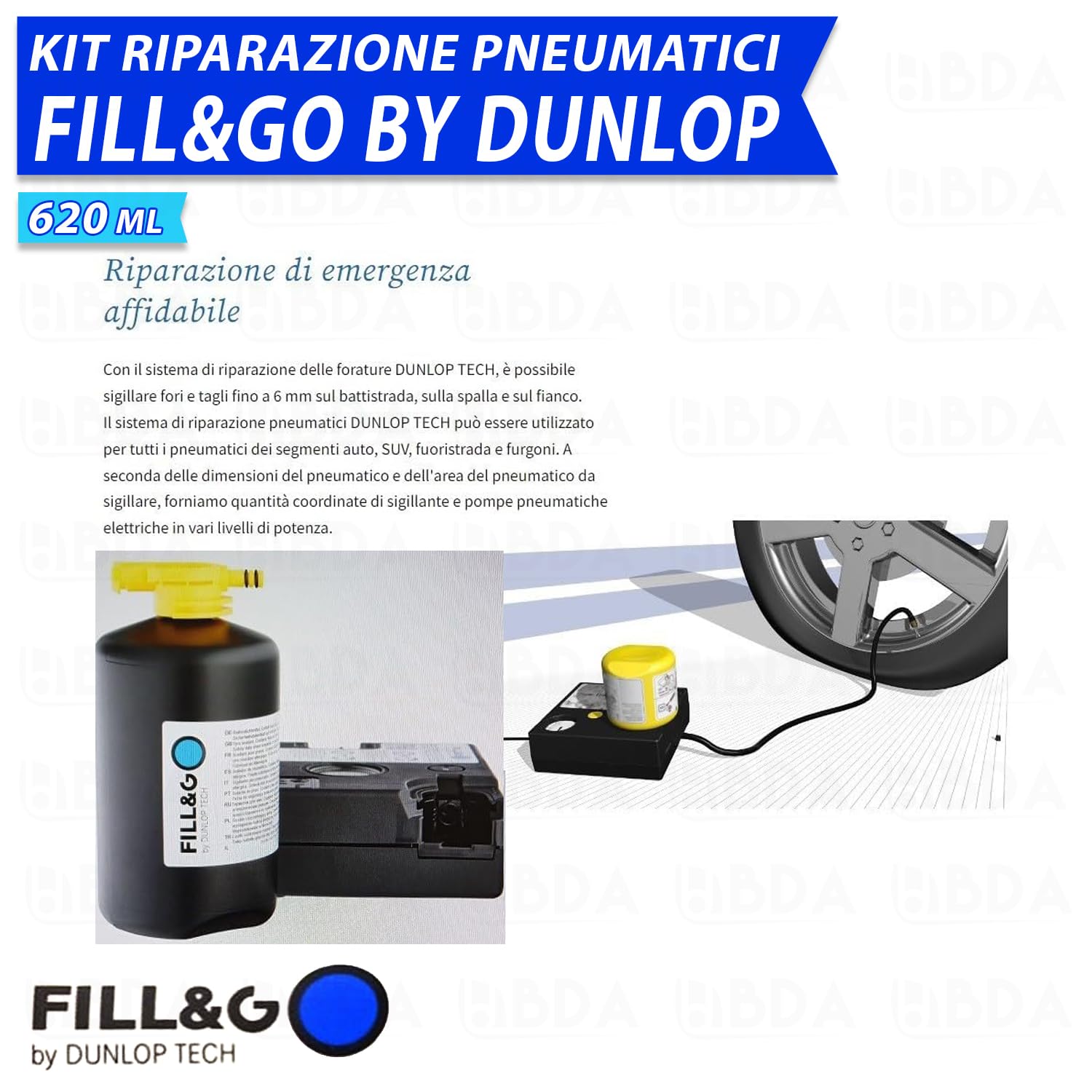 Sistema di Riparazione Pneumatici Kit Gonfia e Ripara Fill&Go by Dunlop Tech per MERCEDES-BENZ CLASSE R tutte le versioni, Pompa Elettrica da 620 ML