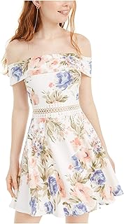 B Darlin - Vestido corto de fiesta con hombros descubiertos y estampado floral con cremallera para mujer, color blanco, ta...