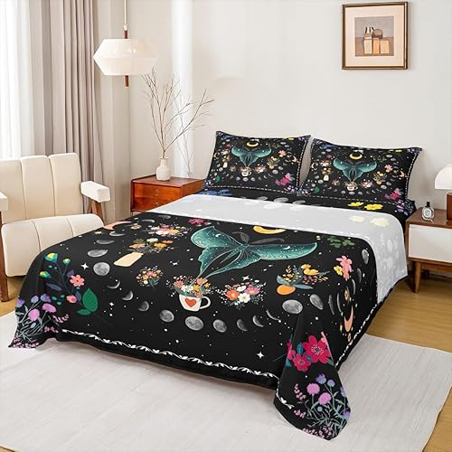 Miniatura 8 de Erosebridal Juego de sábanas de mariposa hippie con sol y luna, juego de sábanas tamaño Queen, juego de sábanas florales groovy con hongos y