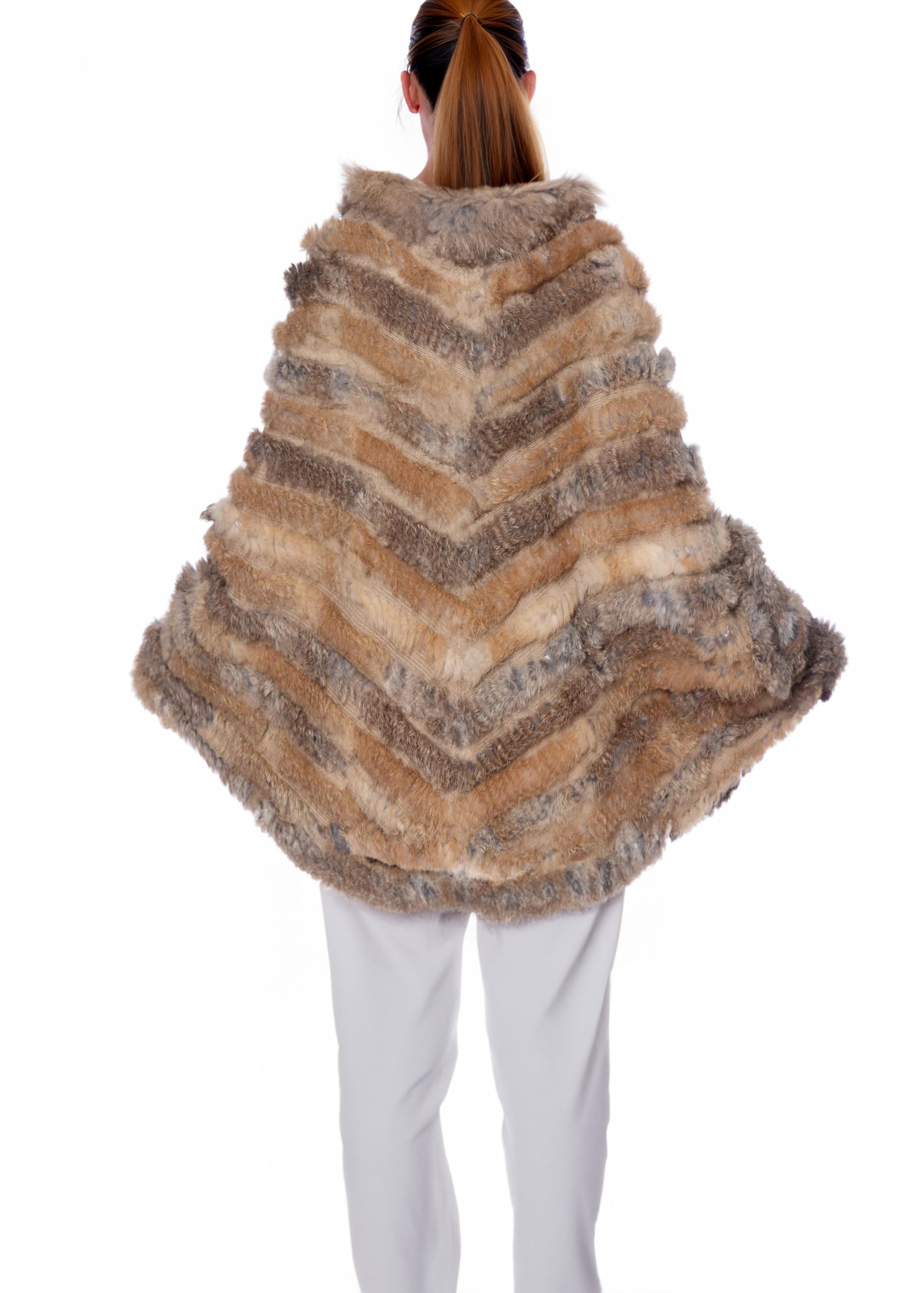 Naturale Pullover a maglia Pelliccia di coniglio Poncho Con Raccoon Fur