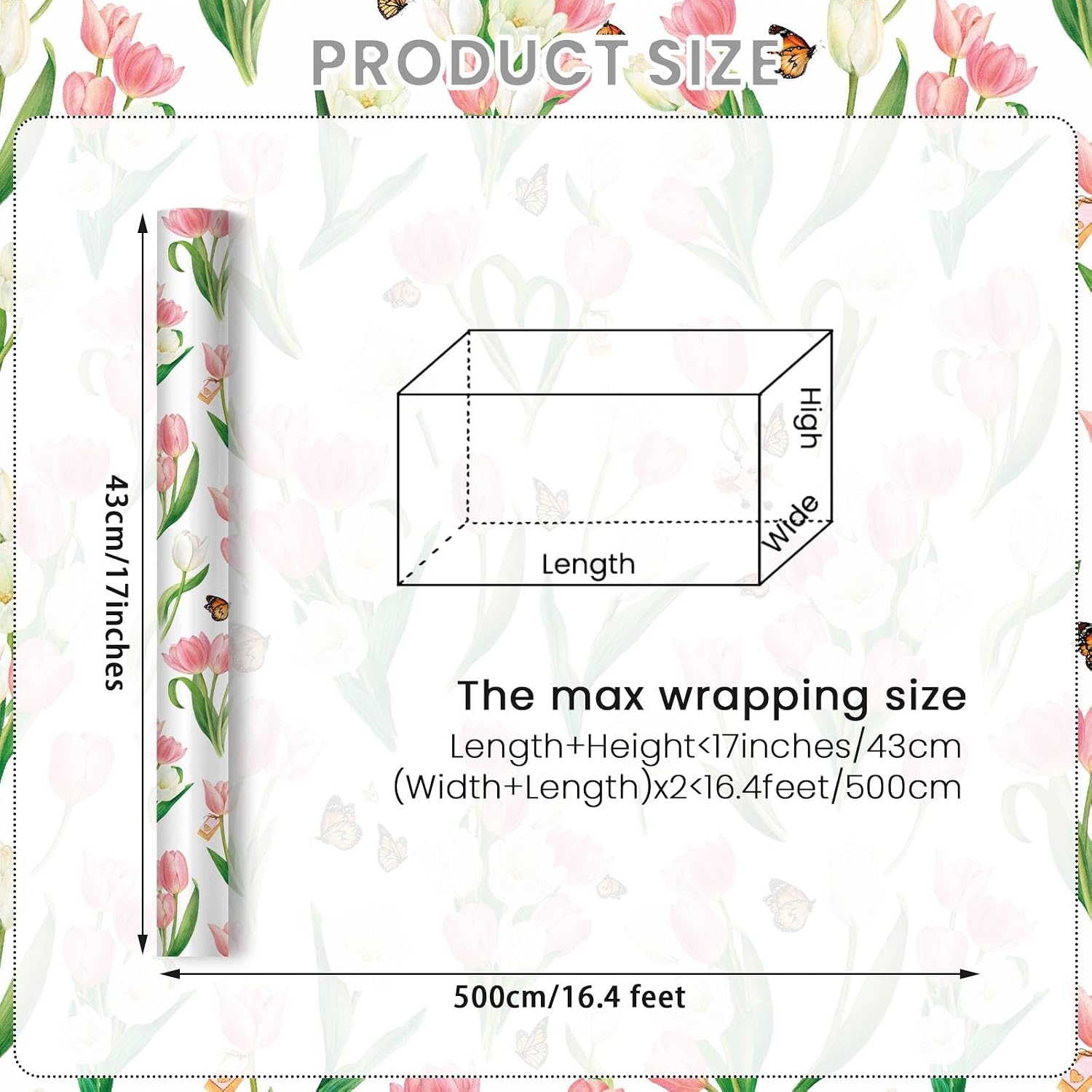 Pineraap Tulip Wrapping Paper Roll, Floral Butterfly Wrapping Paper, Pastel Spring Gift Wrap for Wedding, Birthday, Party Decorations Paper, 17Inch x 16.4Feet image 3