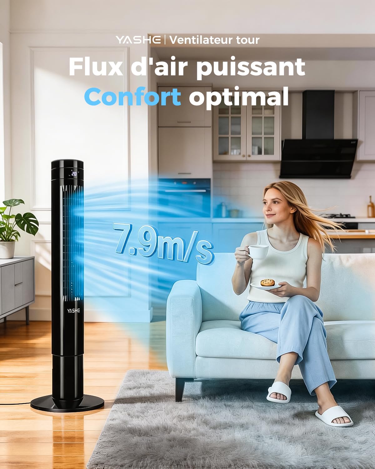 YASHE Ventilateur colonne 110 cm silencieux avec télécommande, ventilateur 28 dB sans pales, oscillation à 85°, minuterie 12 h, 3 modes et 3 vitesses, affichage LED, pour chambre et bureau