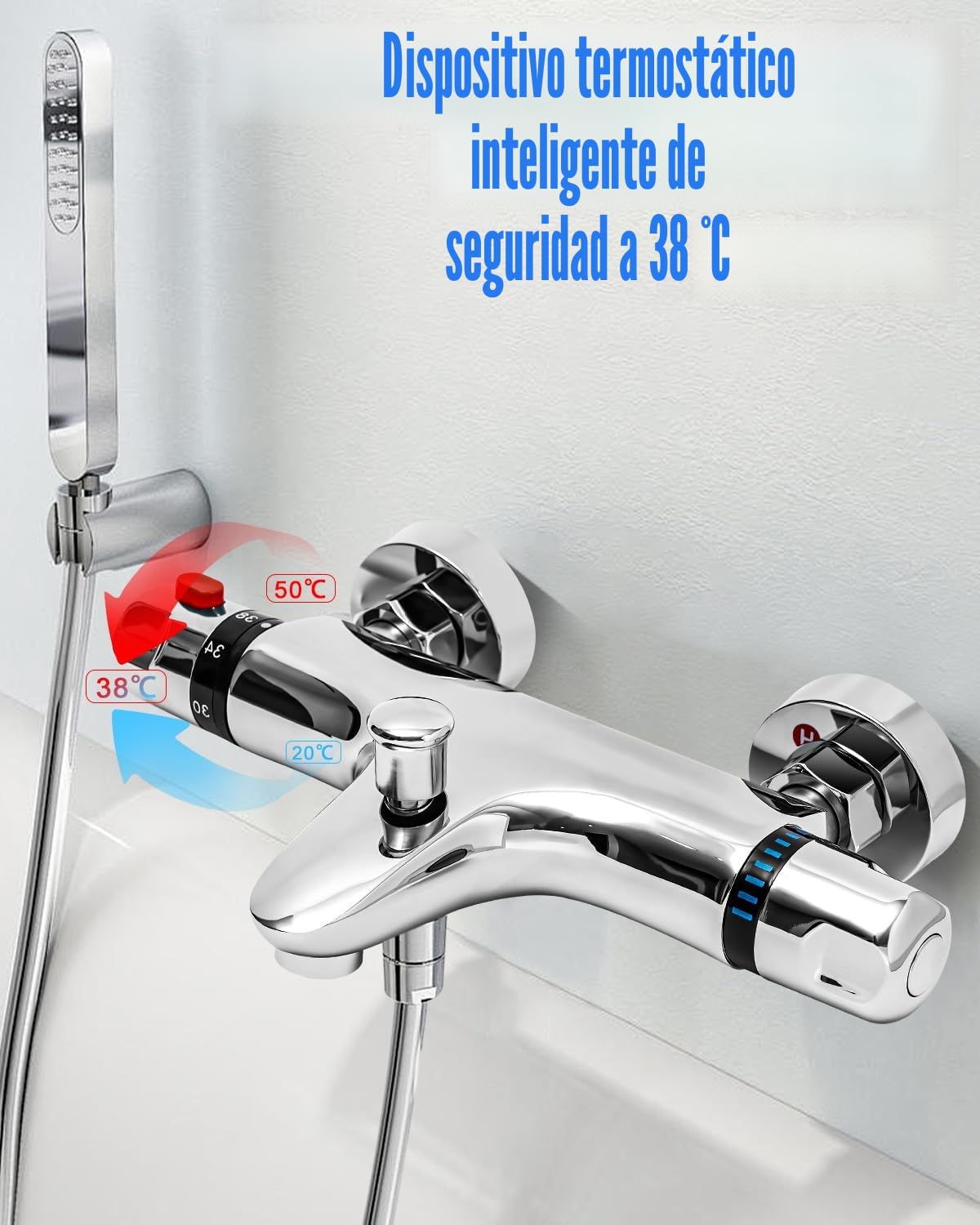 Mezcladora de Ducha Termostática, Grifo Termostatico Bañera, Válvula Mezclador de Ducha Termostático de 38 °C, Termostato con protección antiquemaduras de Latón, Acabado Cromado, con 2 Salidas de Agua
