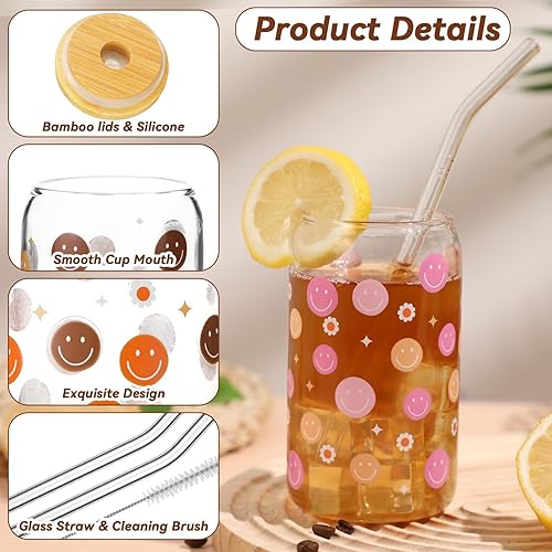 Miniatura 3 de gisgfim 2 tazas de café helado con cara sonriente, tazas de vidrio bohemias con popote y tapas de bambú, 16 onzas, vasos retro reciclados para té,