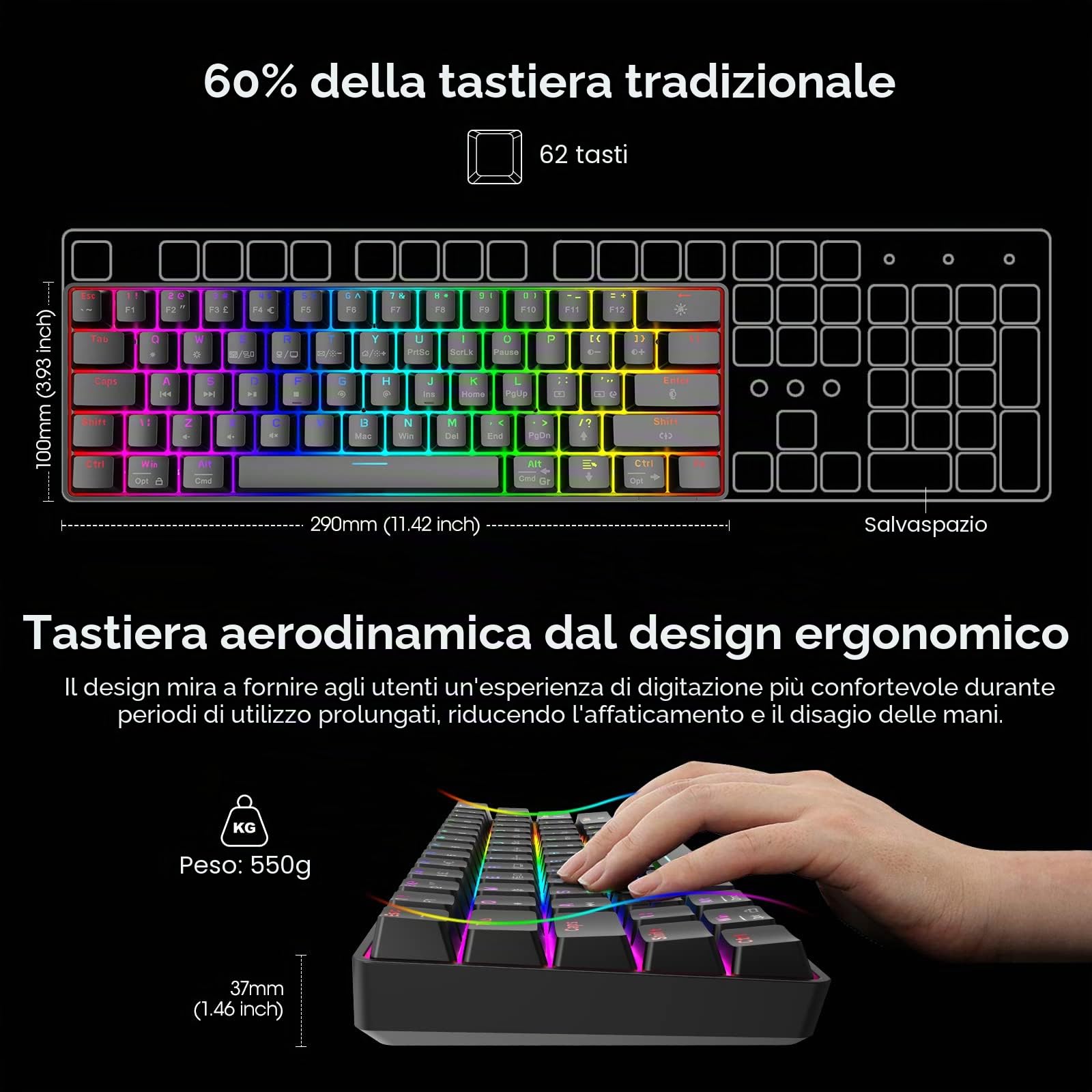 KOORUI Tastiera per videogiochi, 60% meccanica, 26 RGB retroilluminata con cavo, design britannico a 61 tasti con interruttore rosso, per Windows, MacOS e Linux