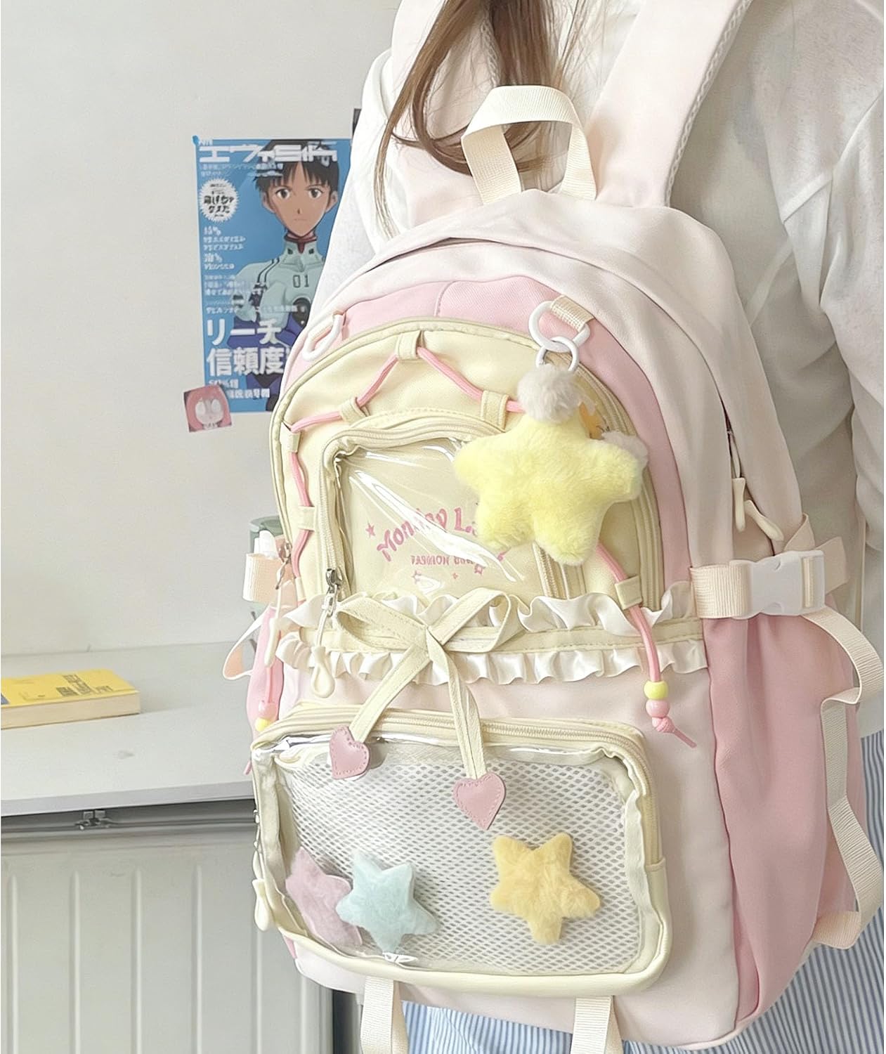 Kawaii ita Backpack - Cute Backpack Coquette Aesthetic Back Pack Y2K Daypack with Clear Pockets with Clear Pockets (Pink)