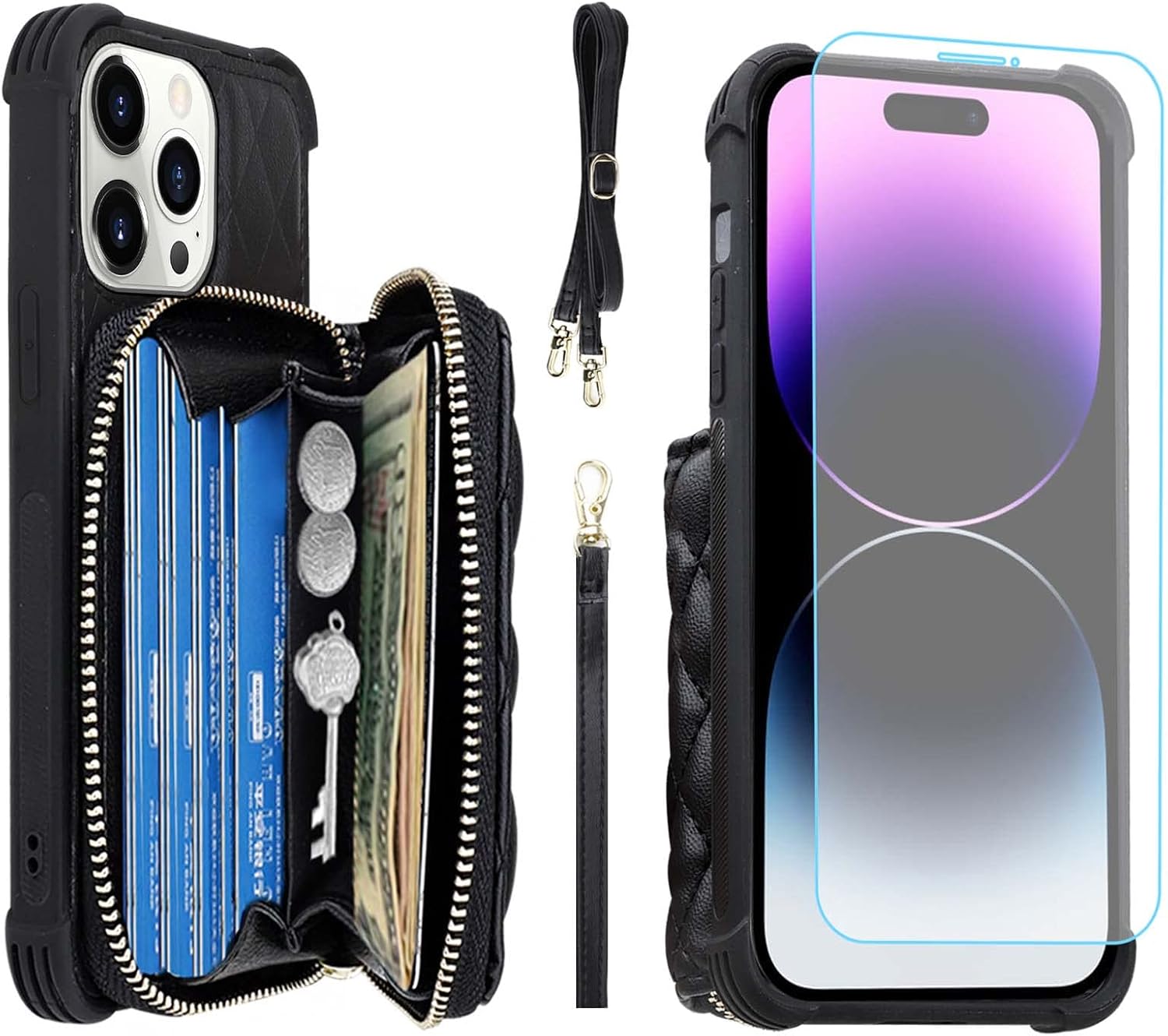 MONASAY Zipper Wallet Case Fit for iPhone 14 Pro Max, 6.7in [Glass Screen Protector ][RFID Blocking] Flip Leather Handbag Phone Cover with Card Holder and Crossbody Lanyard Strap, Black