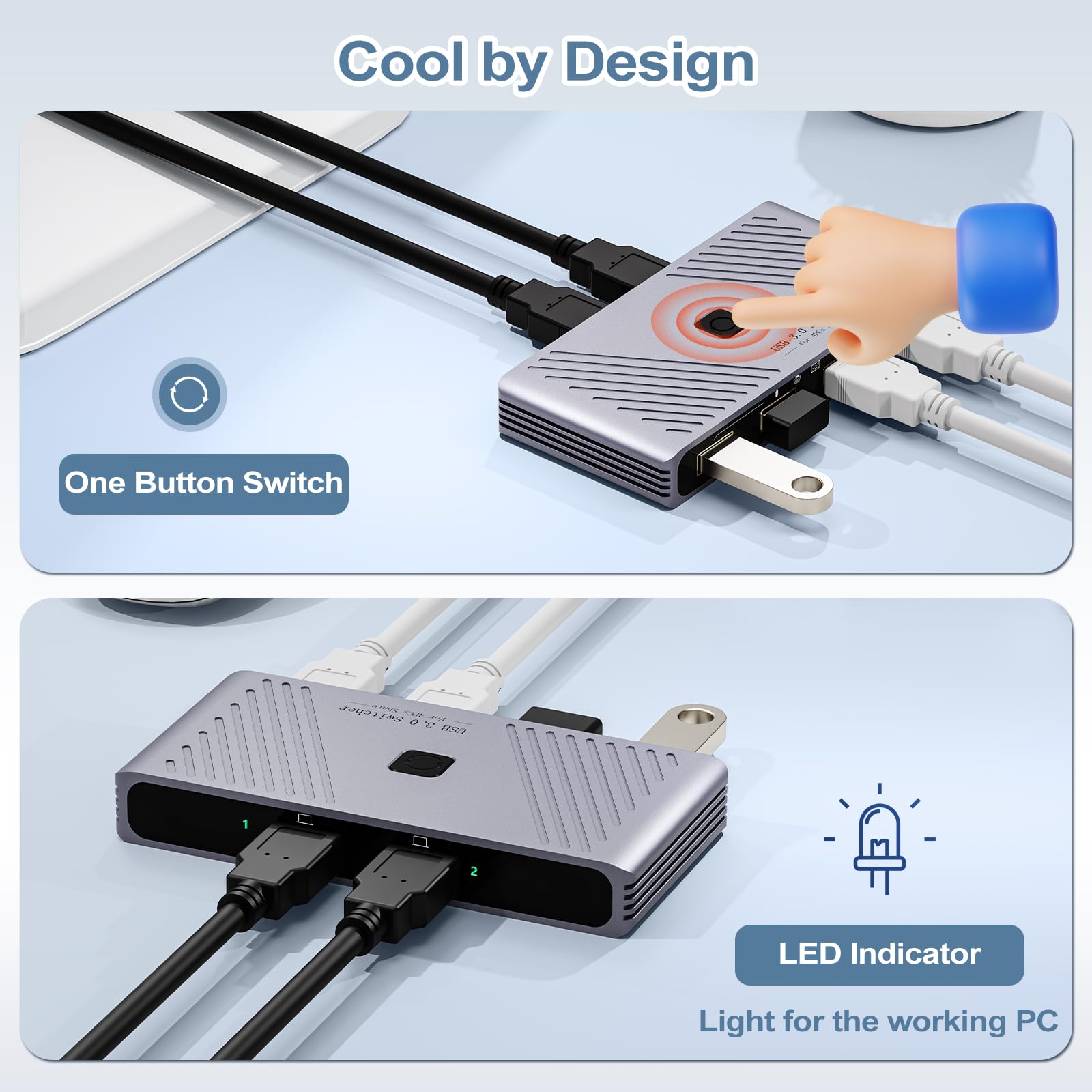 USB 3.0 Switch, 2 Computer Sharing 4 USB-Geräte, Ein-Knopf-Schalter für Tastatur, Maus, Drucker, Scanner, USB-Peripherie-Sharing-Hub für PC, Laptop mit 2 USB-3.0-Kabeln, Gehäuse aus Aluminiumlegierung