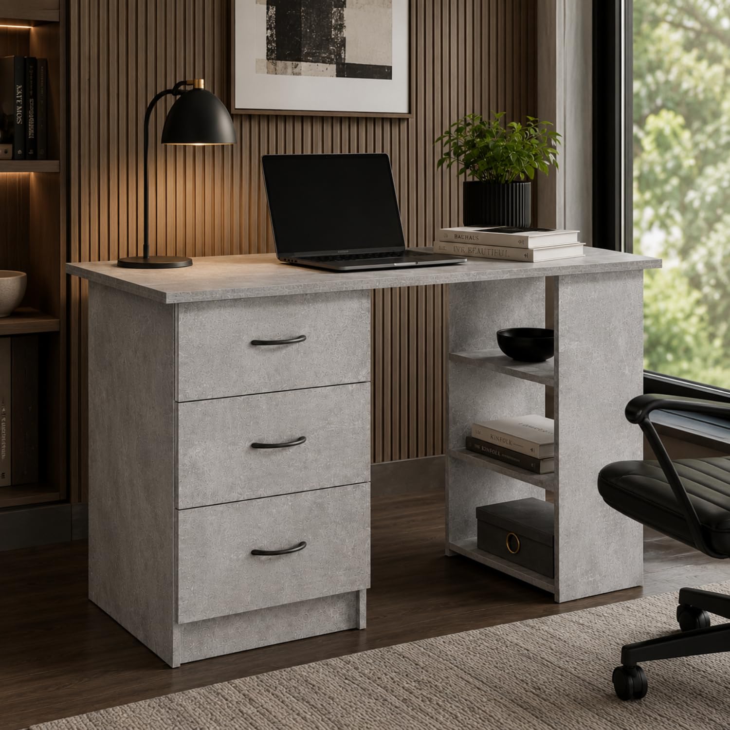 Arreditaly Scrivania Moderna Con 3 Cassetti E 3 Vani A Giorno Scrittoio Struttura In MDF Resistente Design Minimal Ideale Per Ufficio Studio Cameretta E Smart Working 120 x 49 x 72 Cm Grigio Cemento