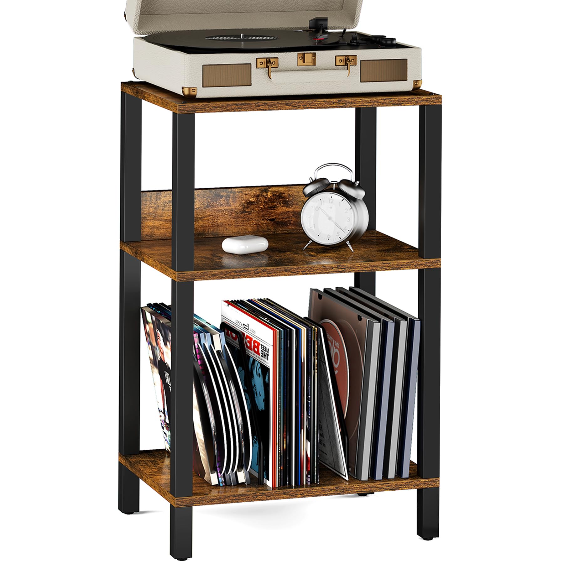 TUTOTAK Record Player Stand with Storage Up to 100 Albums,Record Storage Table,3 Tier End Table,Side Table for Living Room, Bedroom, Brown TB01BB075
