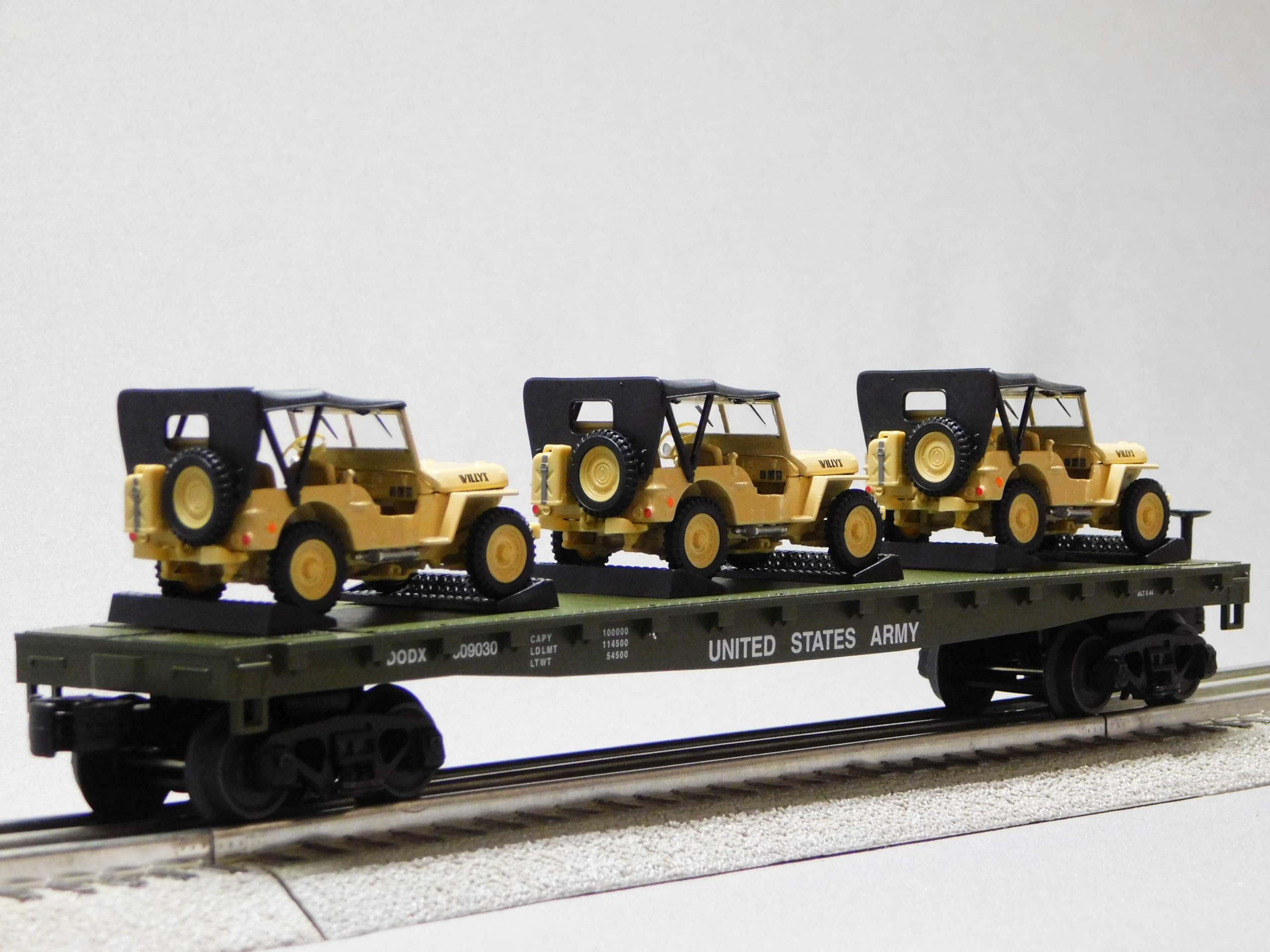 M.T.H. Electric Trains MTH RAILKING US Army Flat CAR W/Willy's Transport Jeep O Gauge 30-70124 (70124C-609030)
