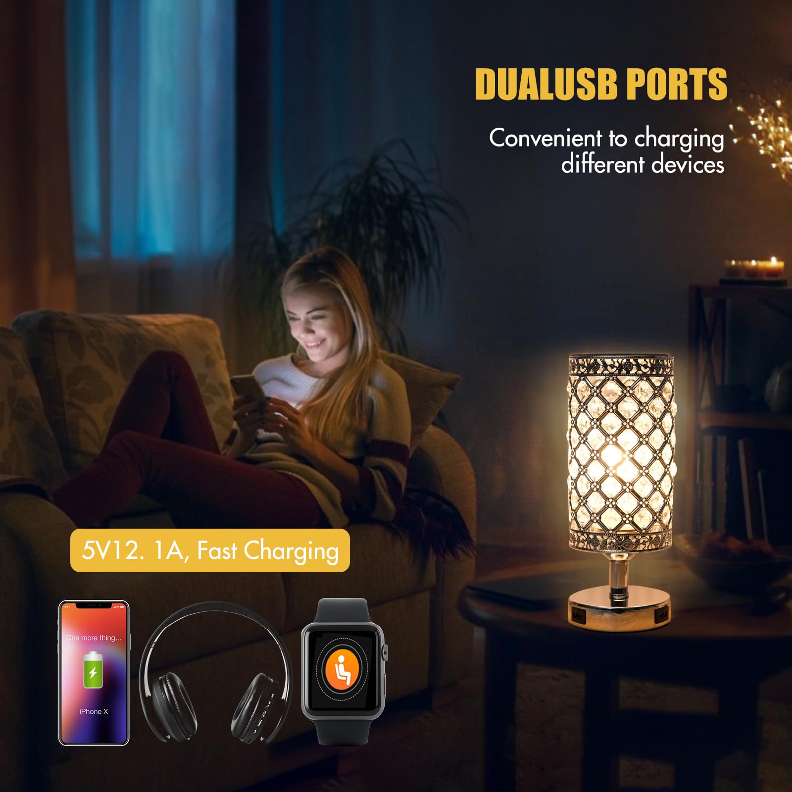 Nachttischlampe Dimmbar 12W 950LM, 2er-Pack Tischlampe Kristall mit Touch-Steuerung, zwei USB-Anschlüssen, 2 Glühbirnen (E27-Sockel), EU-Ladegerät, für Wohnzimmer, Schlafzimmer, Esszimmer – 30CM