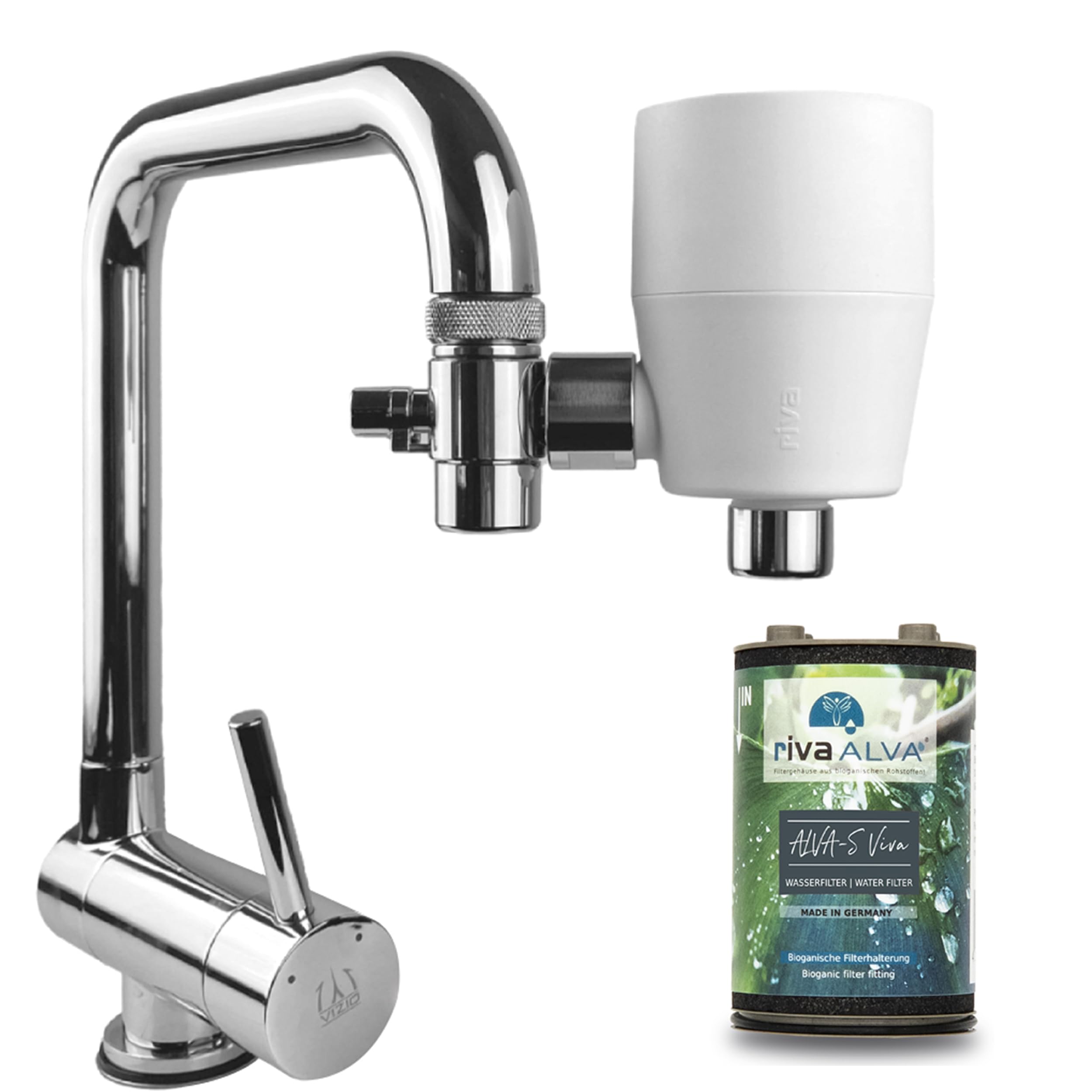 rivaALVA-S Viva Wasserhahnfilter weiß - Wasserfilter mit Blockaktivkohle im bioganischem Gehäuse - filtert Schwermetalle, Medikamente, Chlor u.v.m.