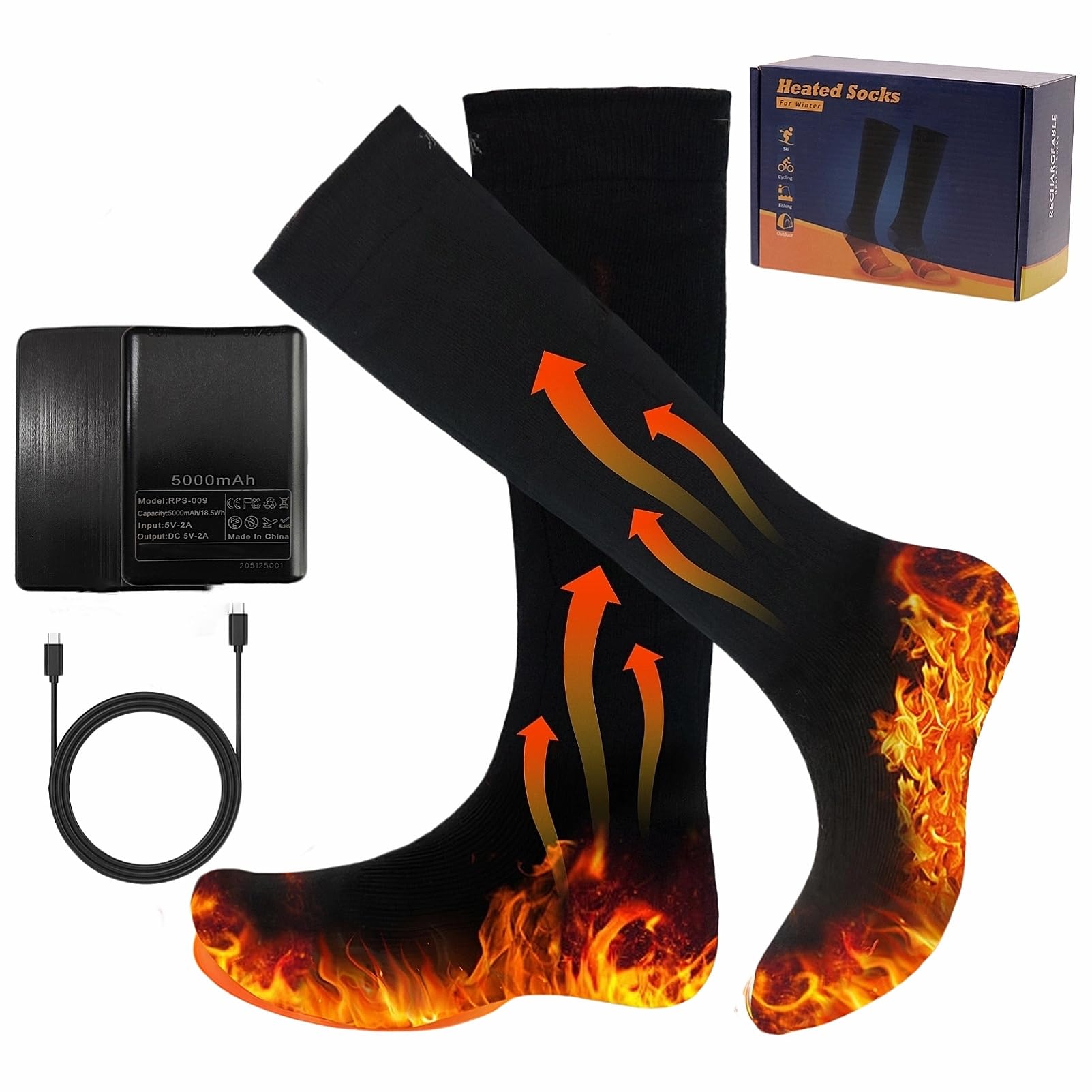 Calze Riscaldate A Batteria 6000 MAh, Per Uomo E Donna, 4 Livelli Di Calore 40-65°C, Riscaldamento 360°, Taglia Unica 38-46, Per Sport E Neve