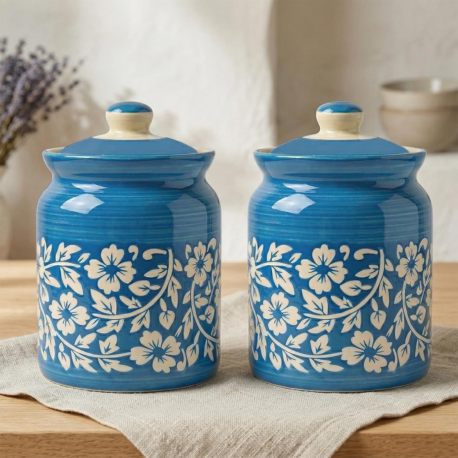 Ceramic Handmade Pickle Jars in 1000ml (set of 2) | Handpainted Floral Bale 1 kg Achaar Martban | Ceramic Jadi for Kitchen Storage (Set of 2) | Jars for Achar, Spices, Salt (Floral SkyBlue Bale)-image-1