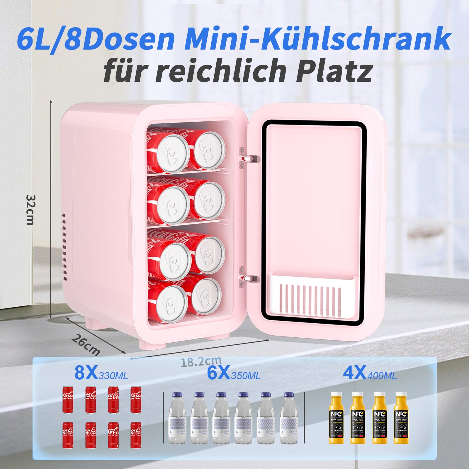 YASHE Mini-Kühlschrank, 6 Liter/8 Dosen, 220–240 V AC/DC, tragbarer thermoelektrischer Kühler, Kühlschränke für Schlafzimmer, Hautpflege, Getränke, Büro, Wohnheim und Auto, Pink
