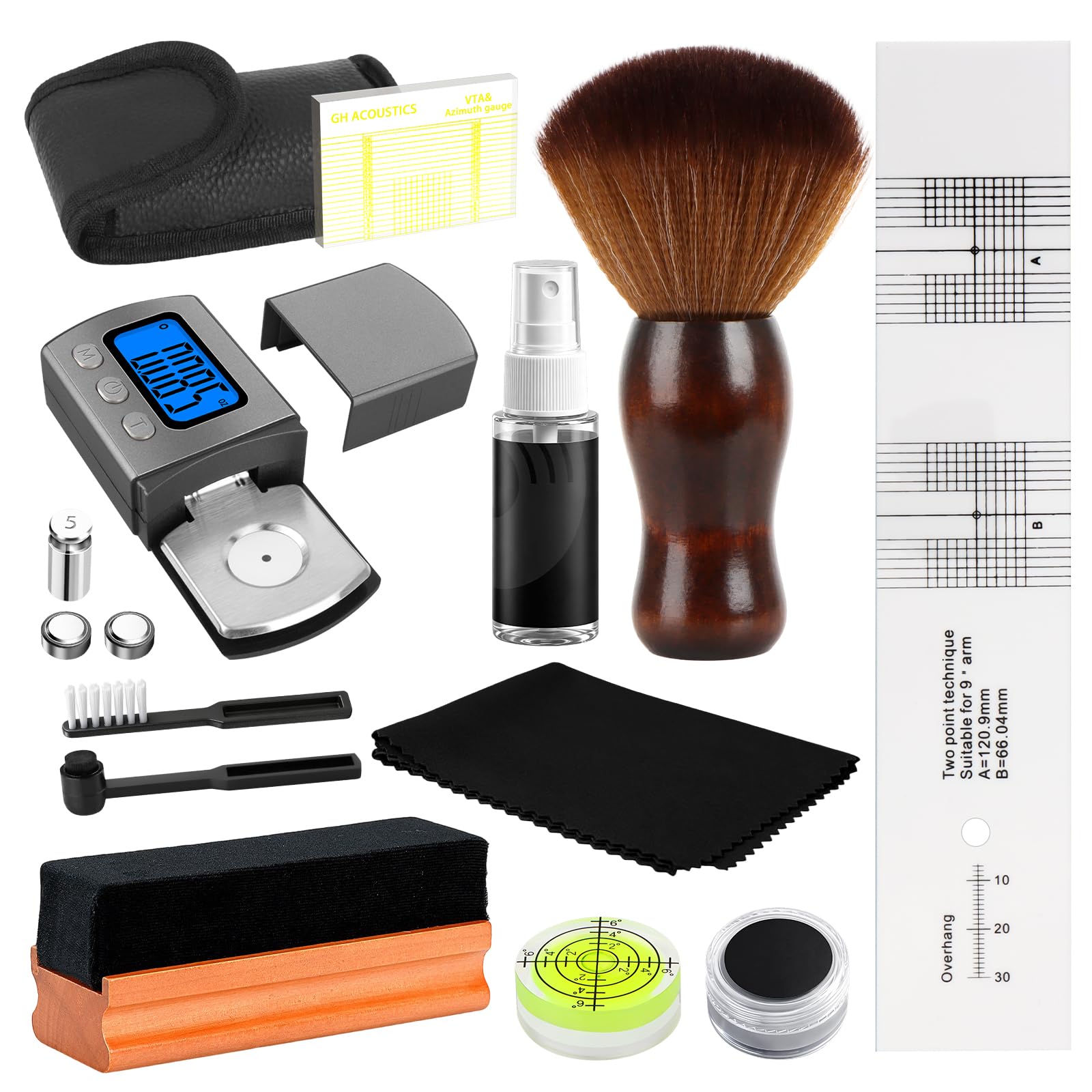 Kit de limpieza de discos de vinilo 11 en 1, kit de alineación de cartucho giratorio con escala digital, regla de acimut, transportador de alineación, nivel de burbuja, cepillo de terciopelo, cepillo