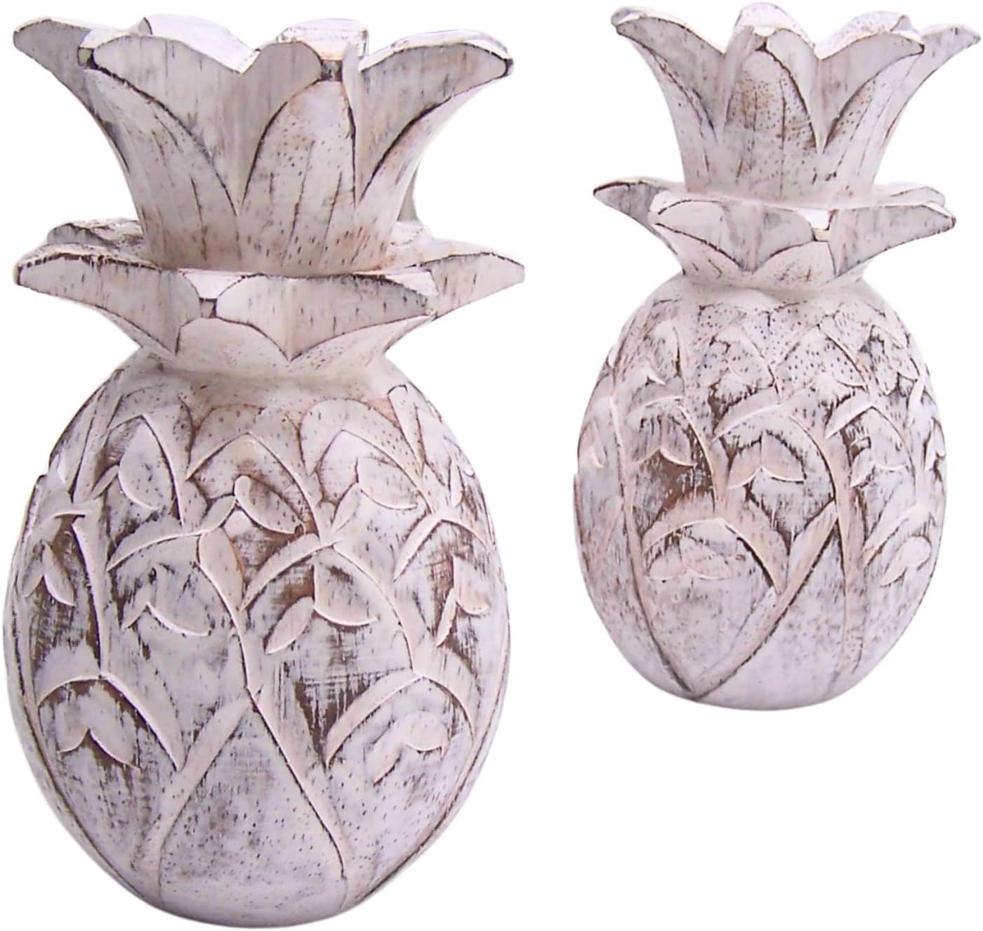 Wowser White Washed Carved Wood Tropical Pineapple, Set of 2, Freestanding Beach Décor, 6 Inches image 2