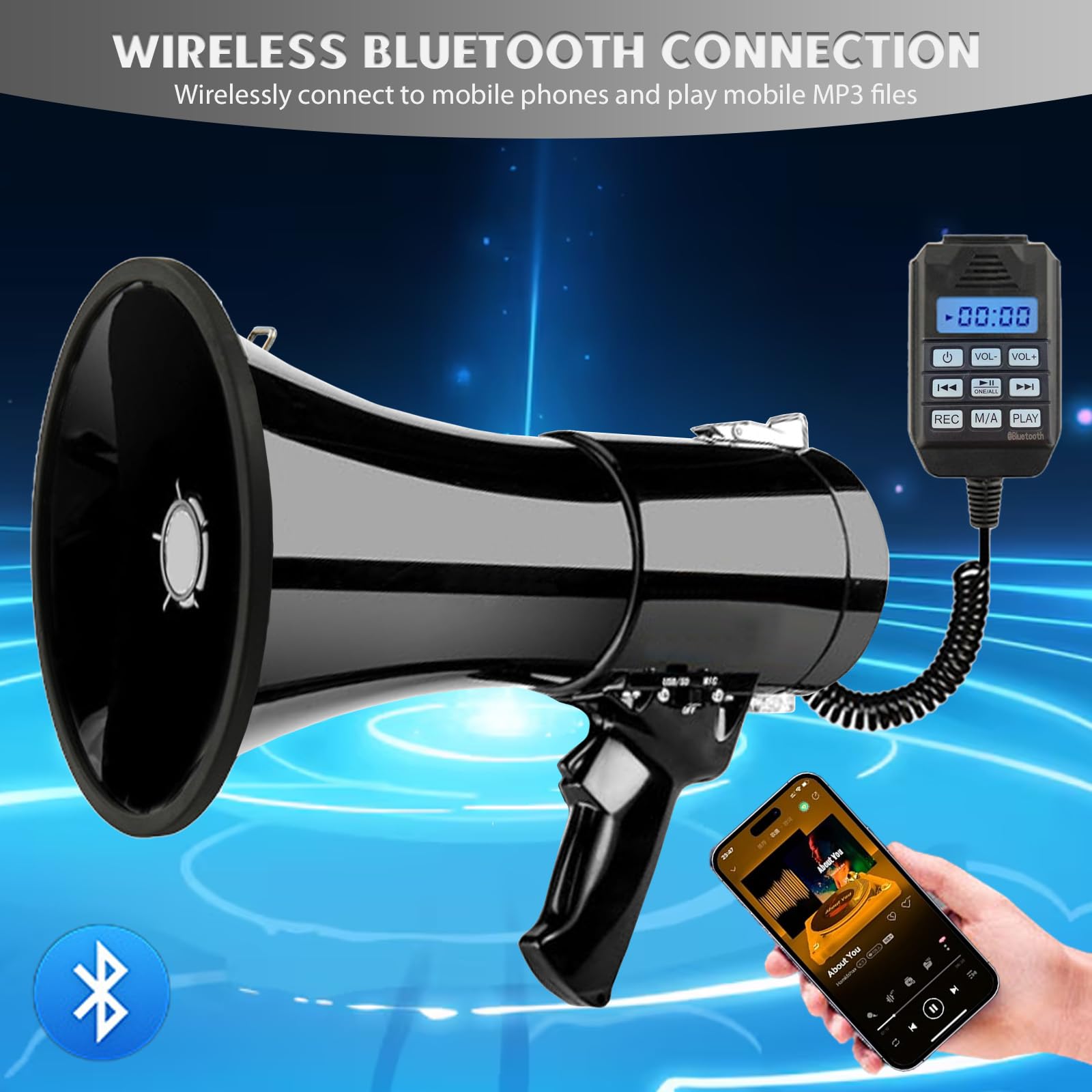 Mégaphone Transportable 100W, Portée Maximale 2000m, Fonctions Enregistrement et Bluetooth, Megaphone Porte Voix avec Bandoulière Réglable