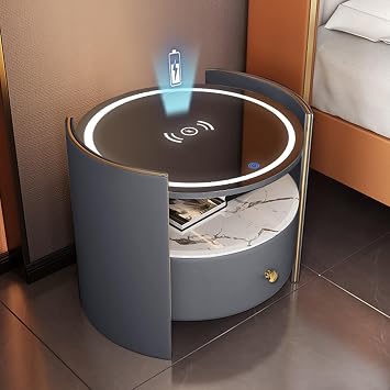 Nightstand with Wireless Charging, LED Nightstand with Leather Drawers and Storage Shelves, Bedroom Nightstand with 3-Color Adjustable Touch Lights, Small Nightstand, Nightstand  Color Blue , Size