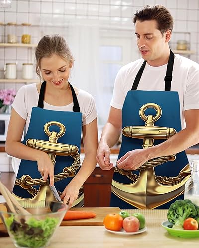Miniatura 2 de Yellow Anchor Bib Aprons with Pockets Waterproof, Adjustable Apron for Men Women Coastal Nautical Anchor Navy Blue